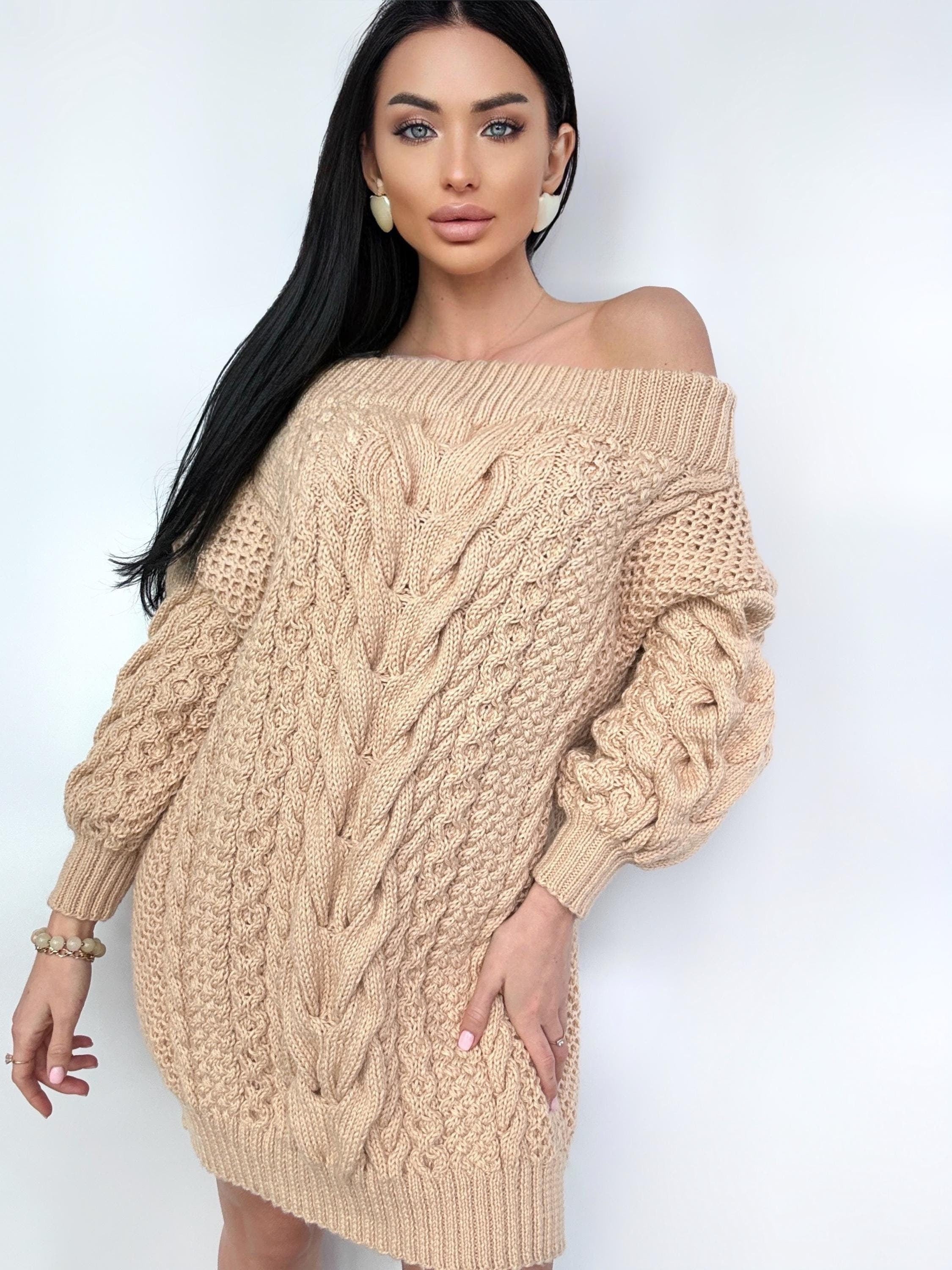 Hand knit sweater dresses for women Beige Caramel off shoulder sweater dress Long Cable wool sweater Chunky one shoulder dress cozy pulover