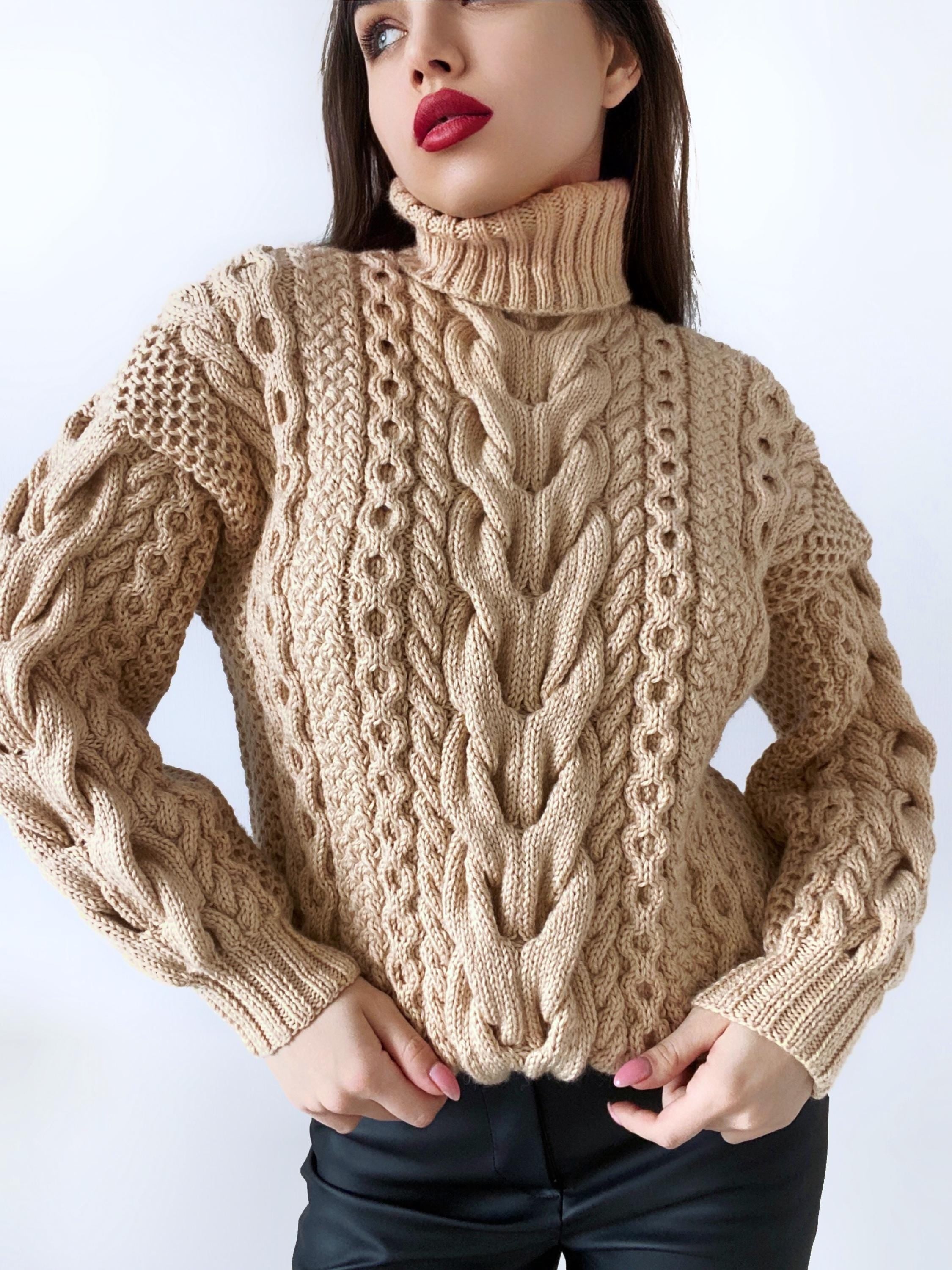 Hand knit Aran sweater Chunky knit merino wool turtleneck pullover Oversize cozy sweater Women cable knit sweater White Cream Beige