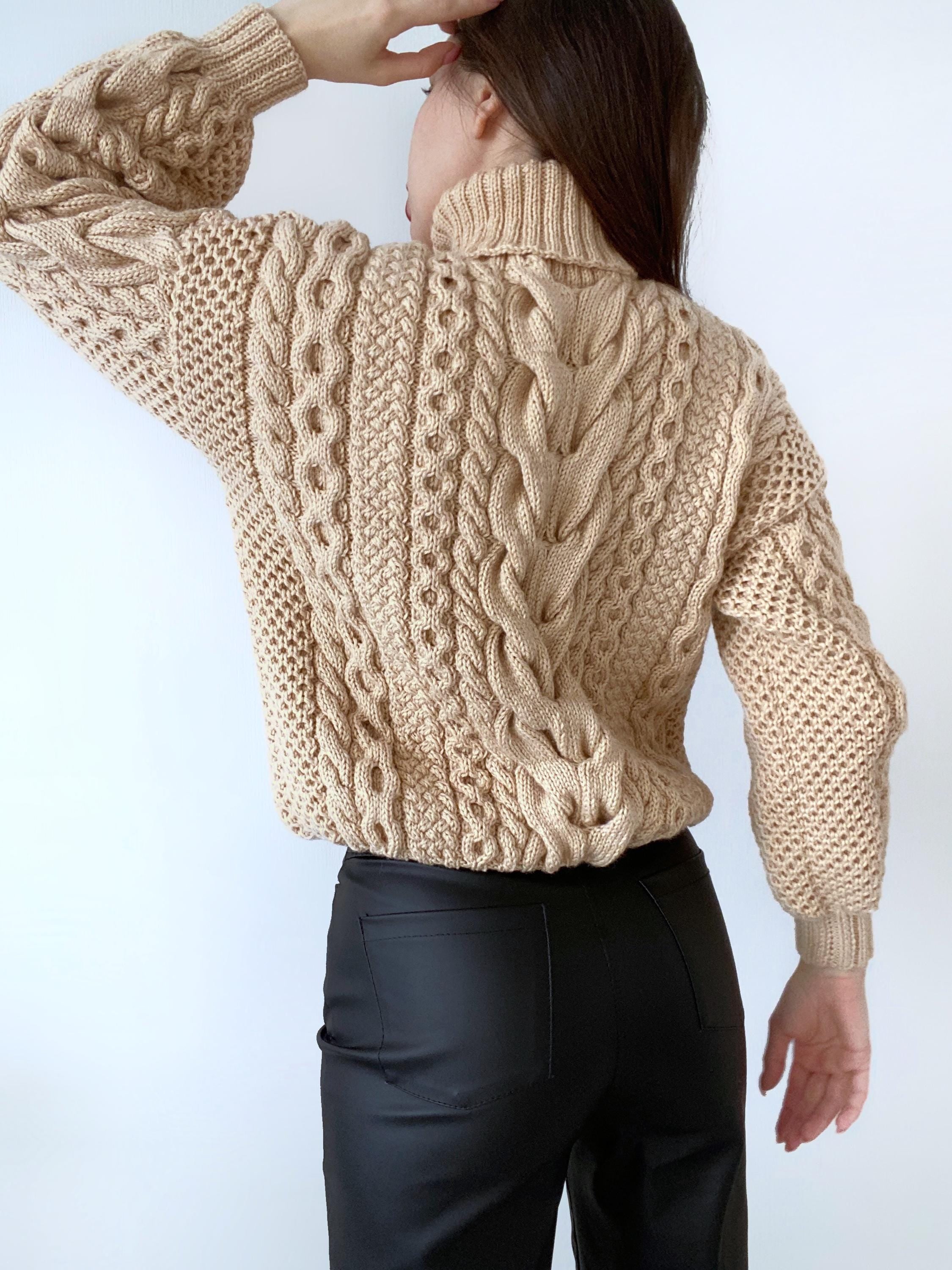 Hand knit sweater Chunky knit turtleneck pullover Oversize cozy sweater Women cable knit sweater White Cream Beige