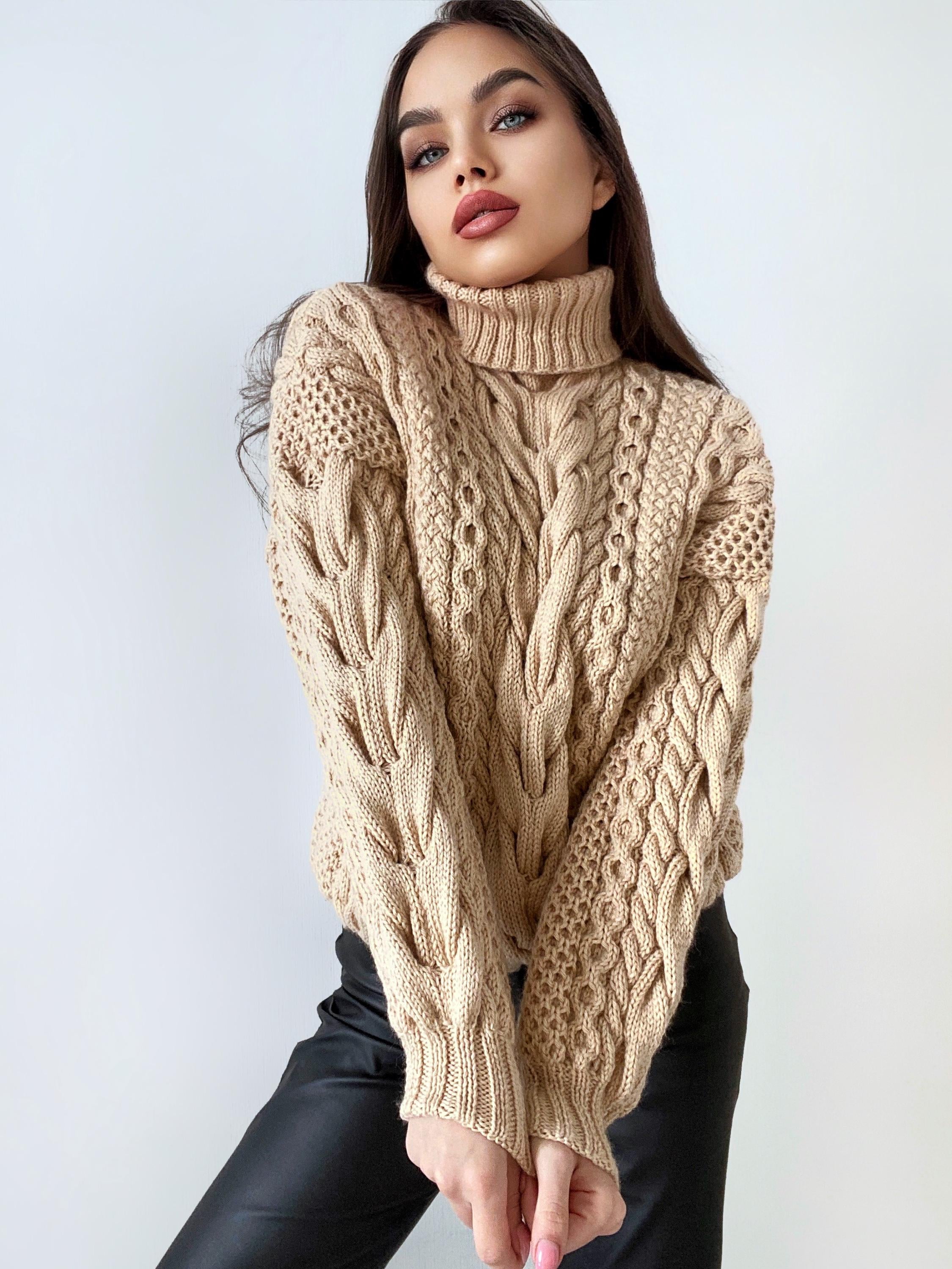 Hand knit sweater Chunky knit turtleneck pullover Oversize cozy sweater Women cable knit sweater White Cream Beige