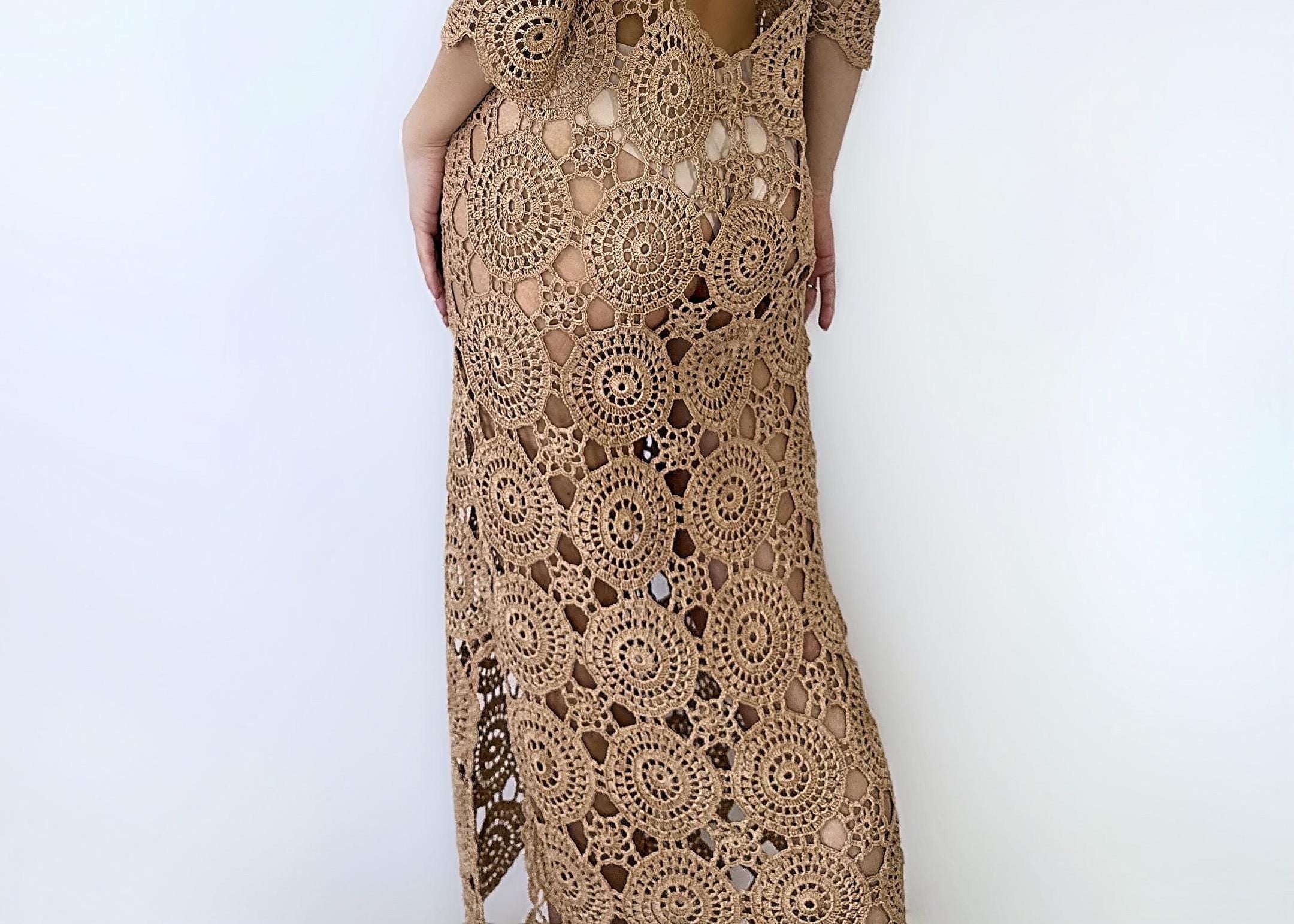 Beach crochet maxi dress for beach wedding Beach cover up Brown beige white midi dress Wedding open back dress Boho maxi summer dress