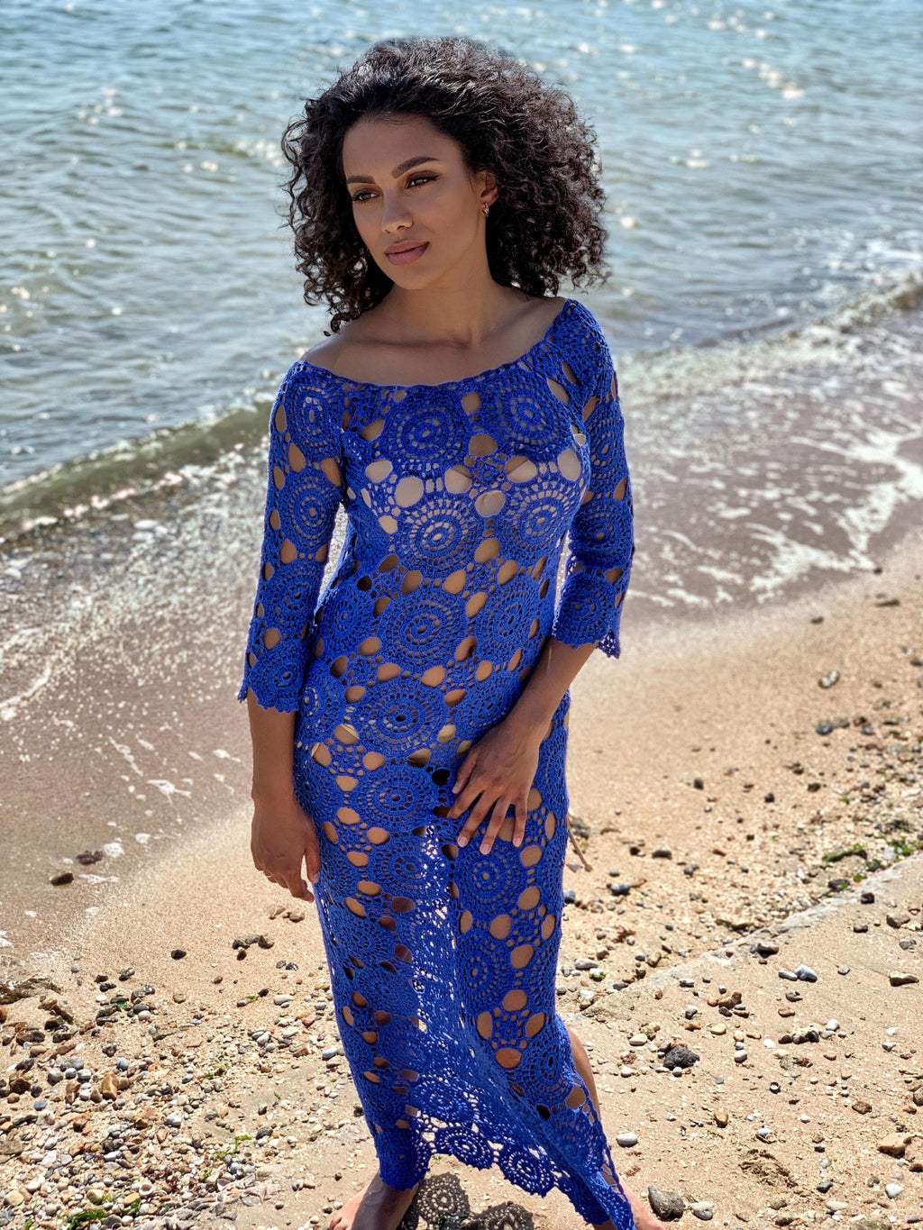 Beach crochet blue maxi dress for beach wedding Blue White Wedding dress beach boho maxi dress Cover up Womens beach cover up
