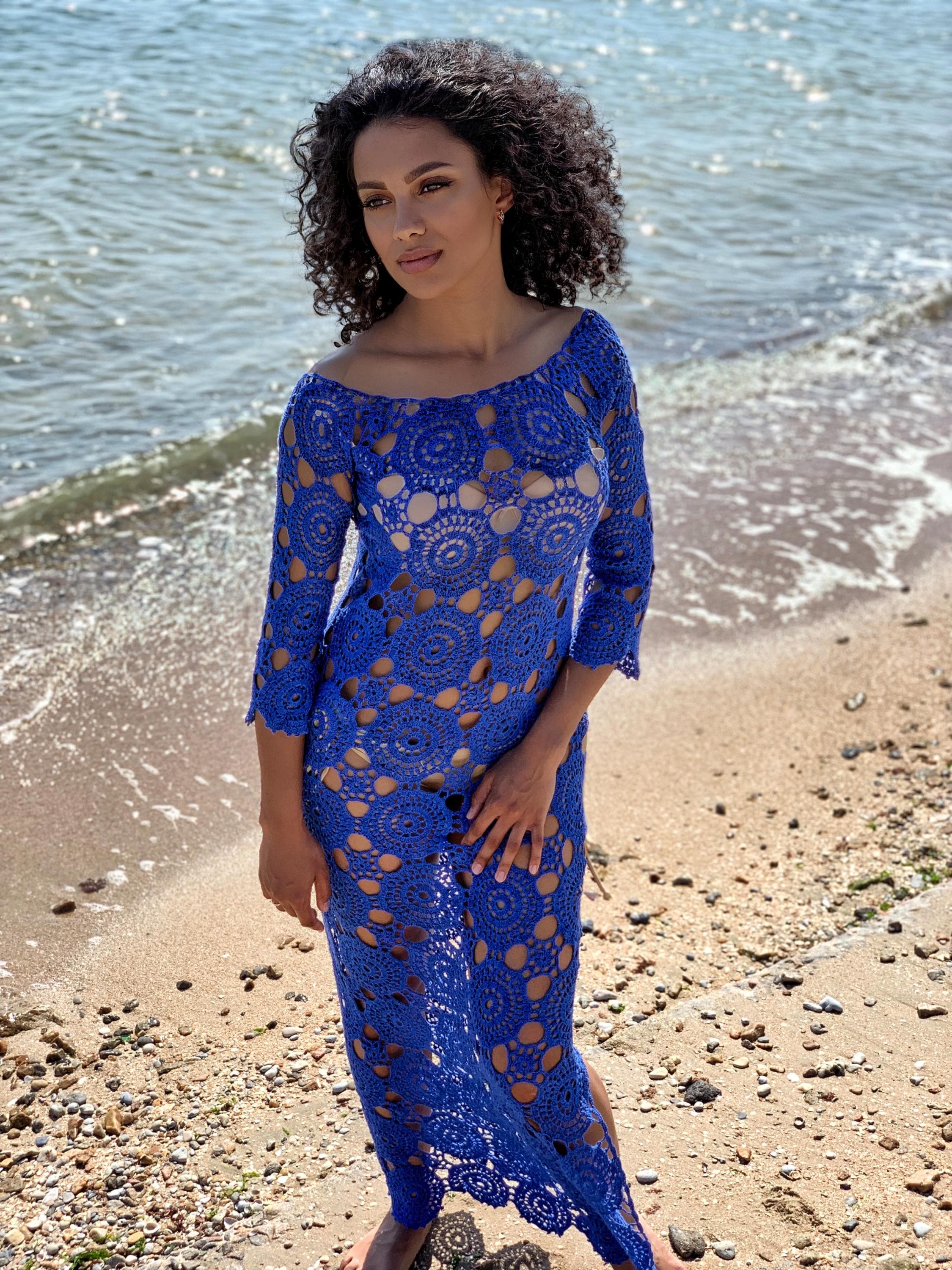 Beach crochet blue maxi dress for beach wedding Blue White Wedding dress beach boho maxi dress Cover up Womens beach cover up