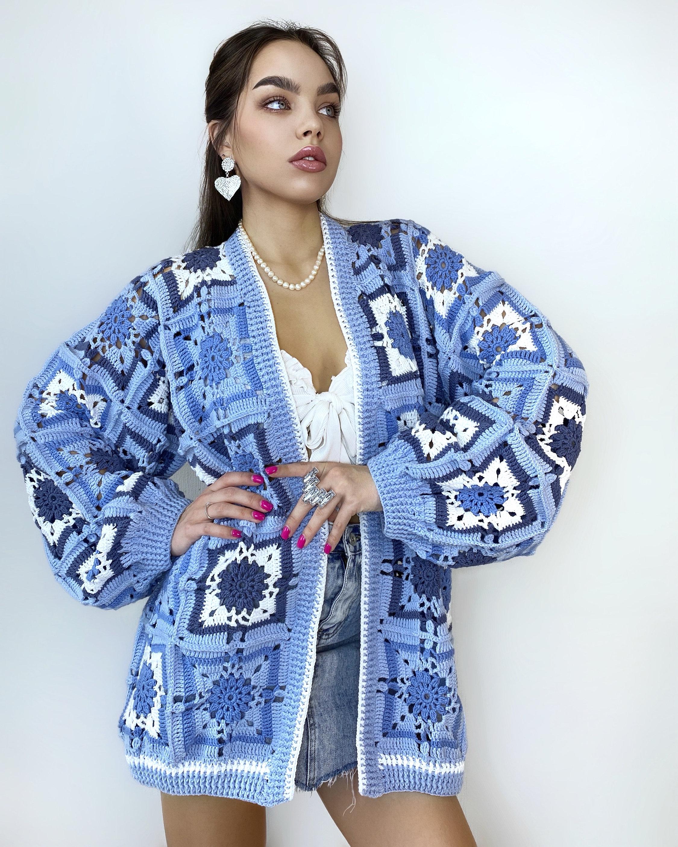 Crochet long colorful blue cardigan Crochet granny square cardigan Patchwork sweater women Jacket Coat Boho cardigan Afghan Coat Festival