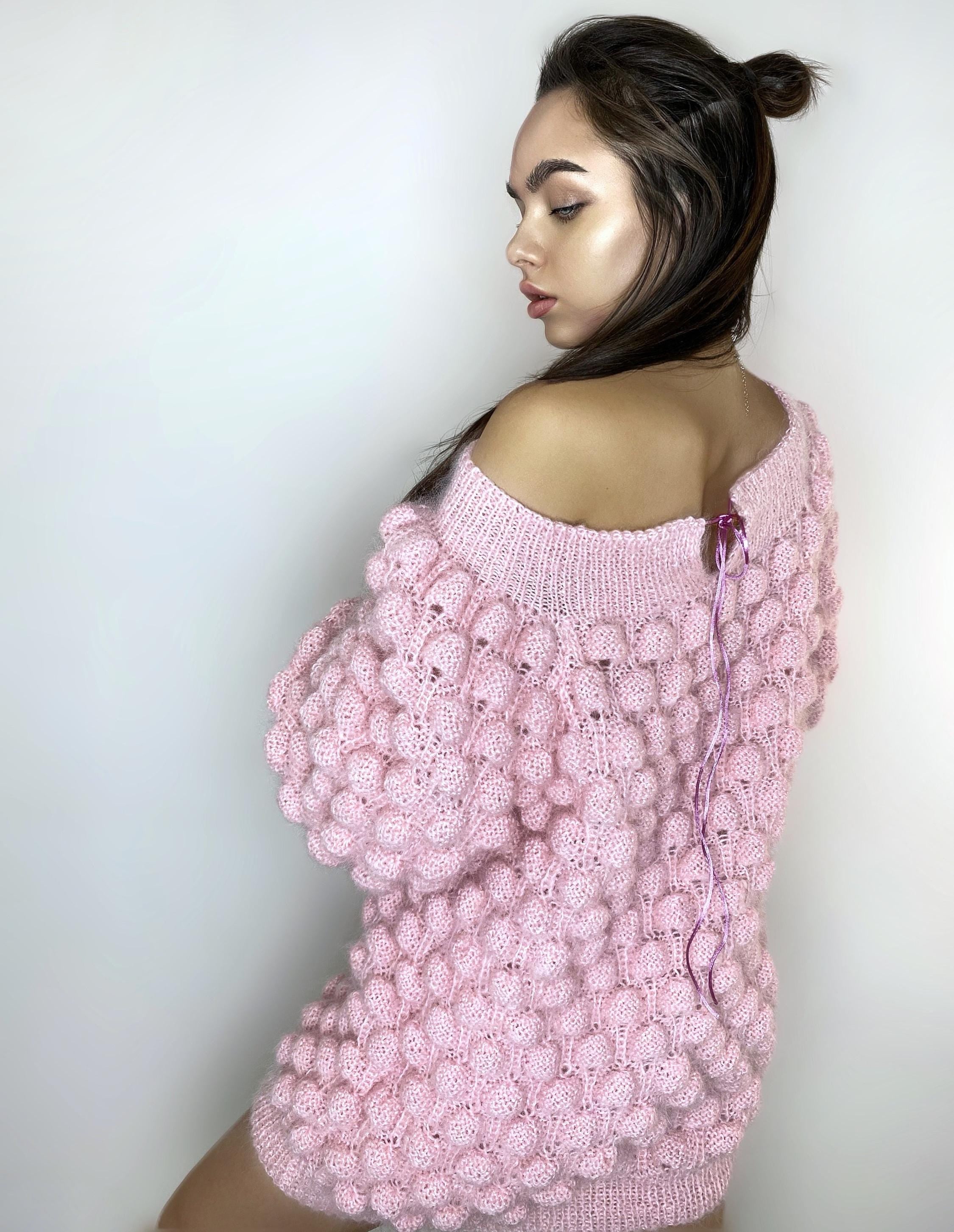 Mohair pink oversized sweater dress off the shoulder Chunky hand knit dress Open shoulders wool long sweater Many colors sweater-dress