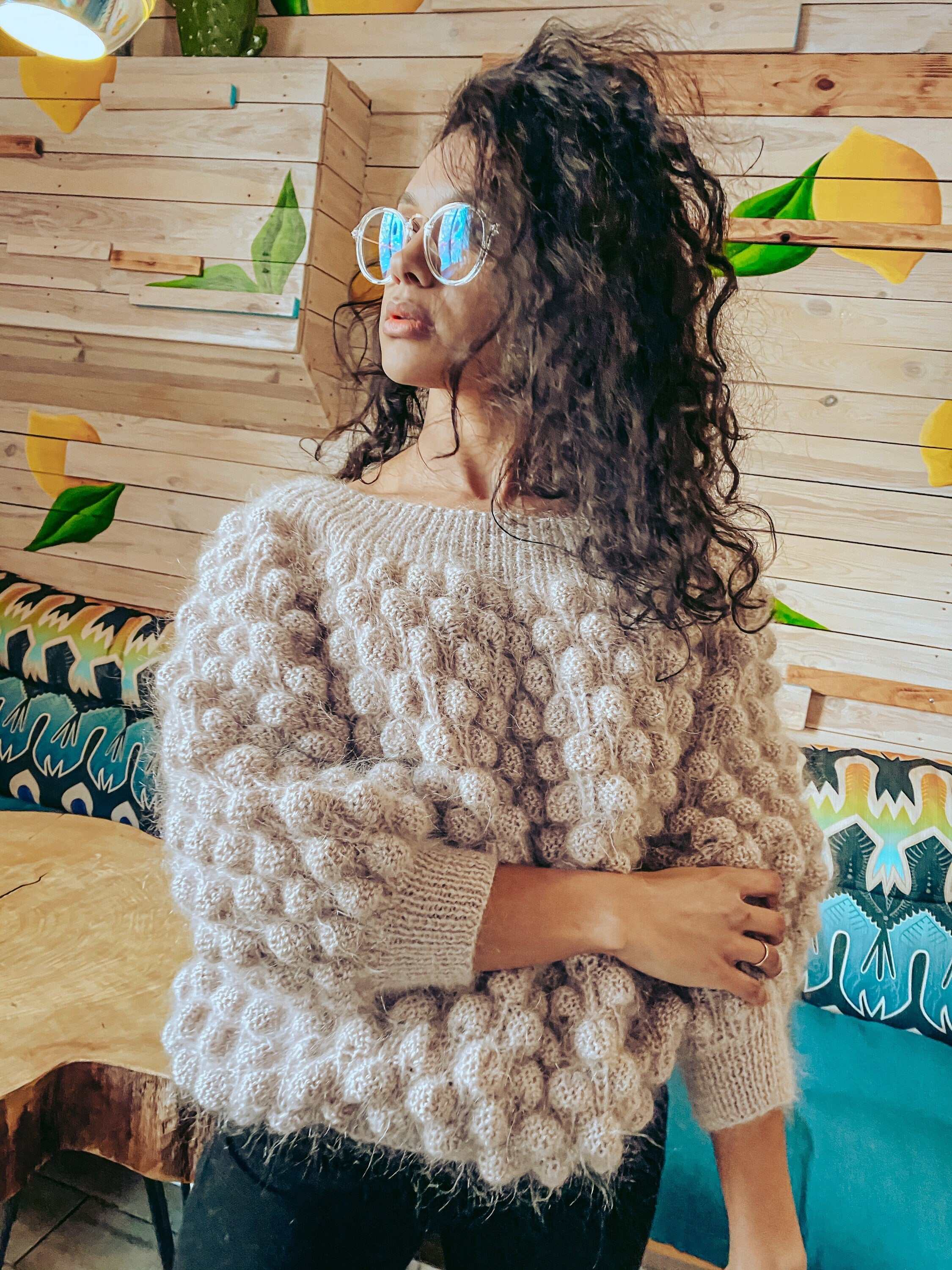 Knitted oversized mohair sweater for women Cable mohair beige knit sweater Winter knitted sweater dress Fluffy long sweater in pastel colors