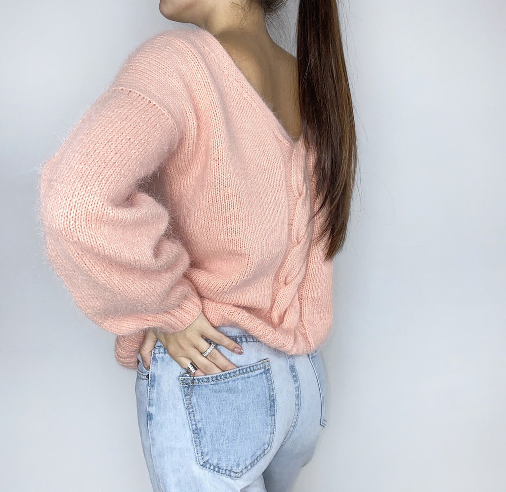 Peachy Powdery Pink angora sweater Open back Deep V-neckline Knit fluffy angora pullover Loose fit oversized Top long sleevs Cozy gift her