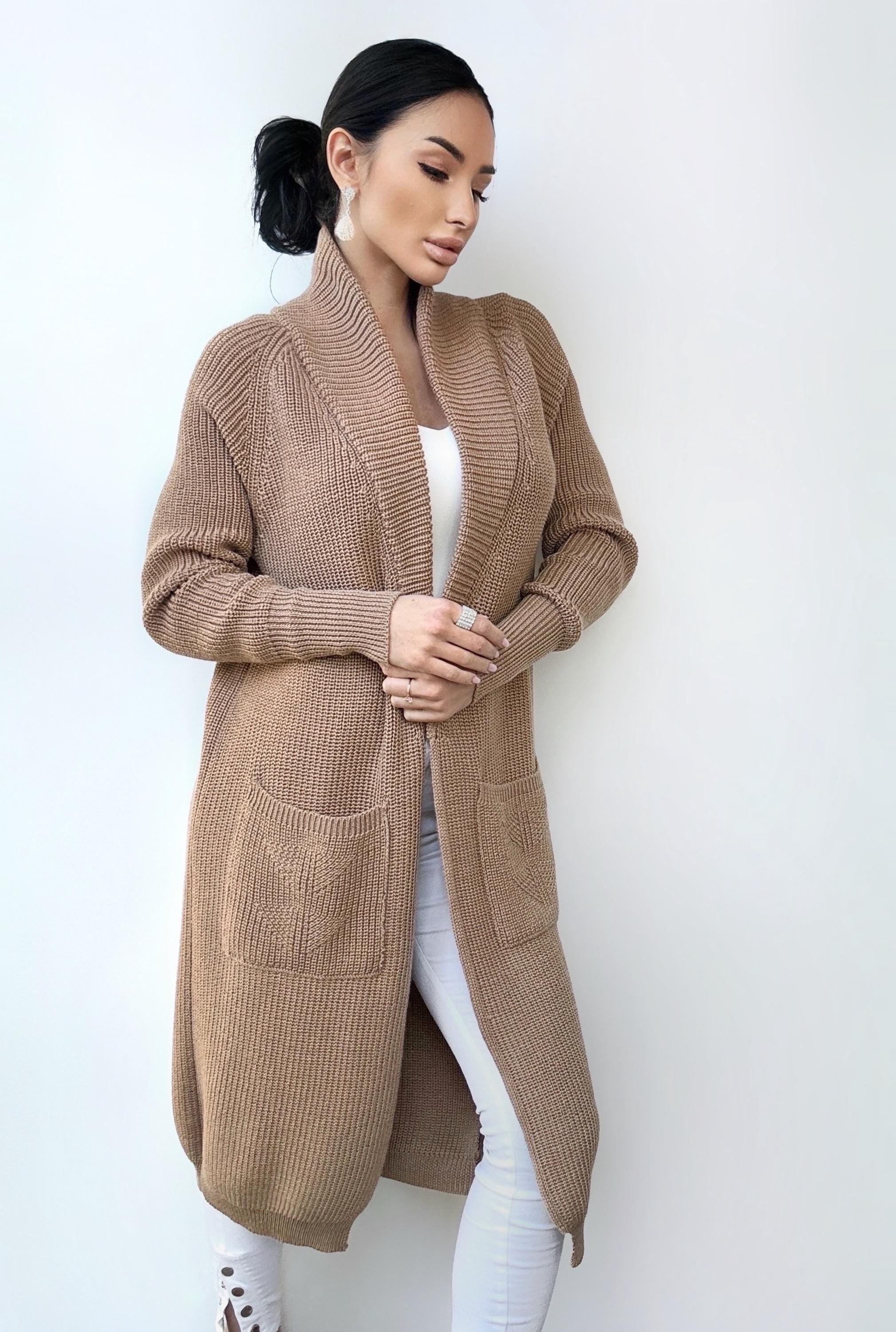 Chunky knit merino wool beige Midi knitted cardigan Long Brown Pastel oversized coat Cardigan sweater cable knit coat Cocoon knit coat