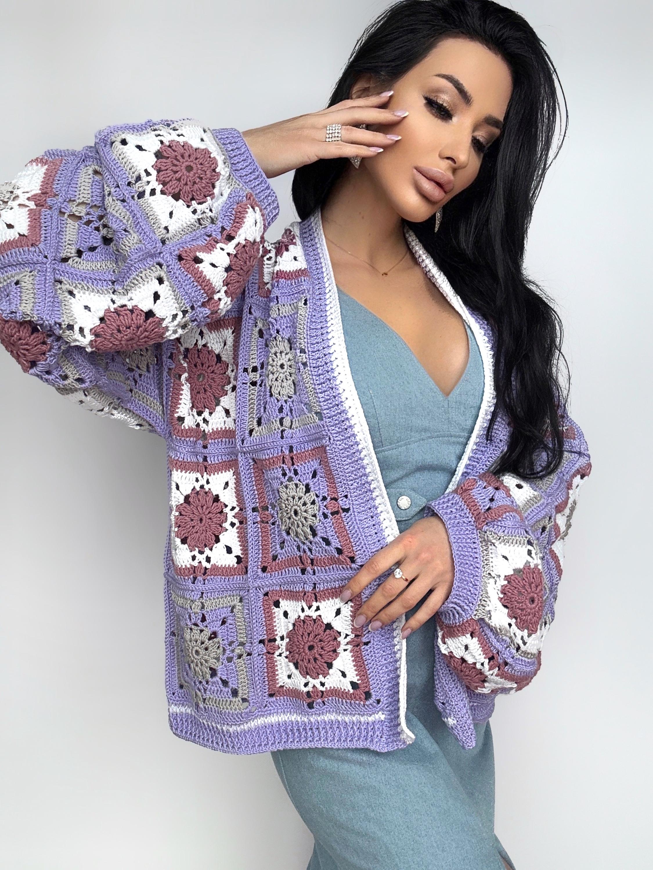 Crochet Lavender granny square Lilac White cardigan women Colourful cotton Patchwork cardigan coat women Jacket Boho Afghan Festival Coat