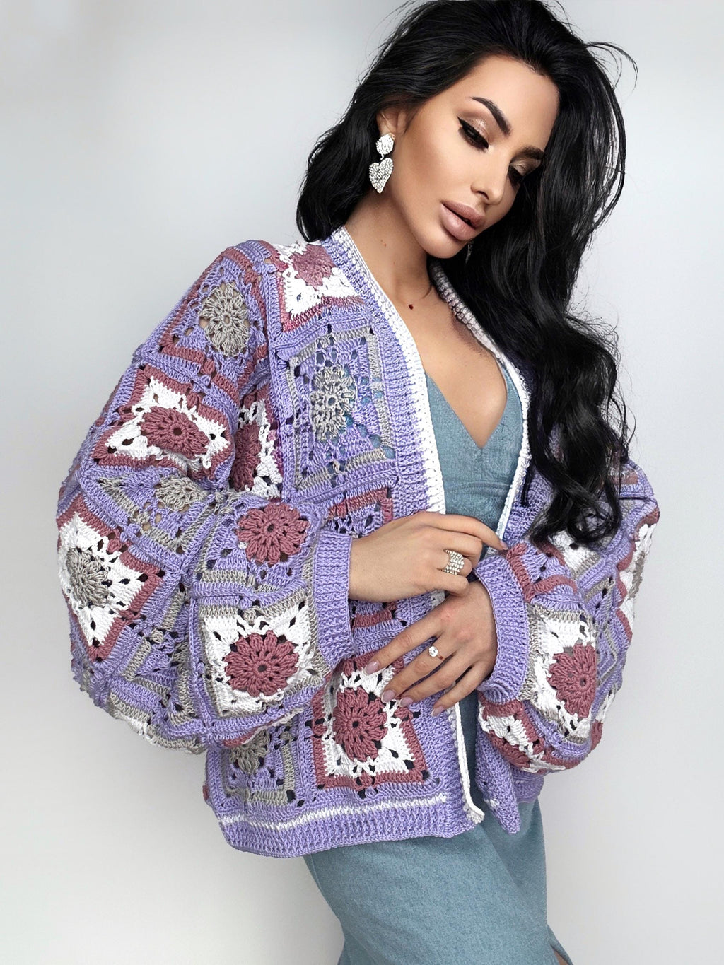 Crochet Lavender granny square Lilac White cardigan women Colourful cotton Patchwork cardigan coat women Jacket Boho Afghan Festival Coat