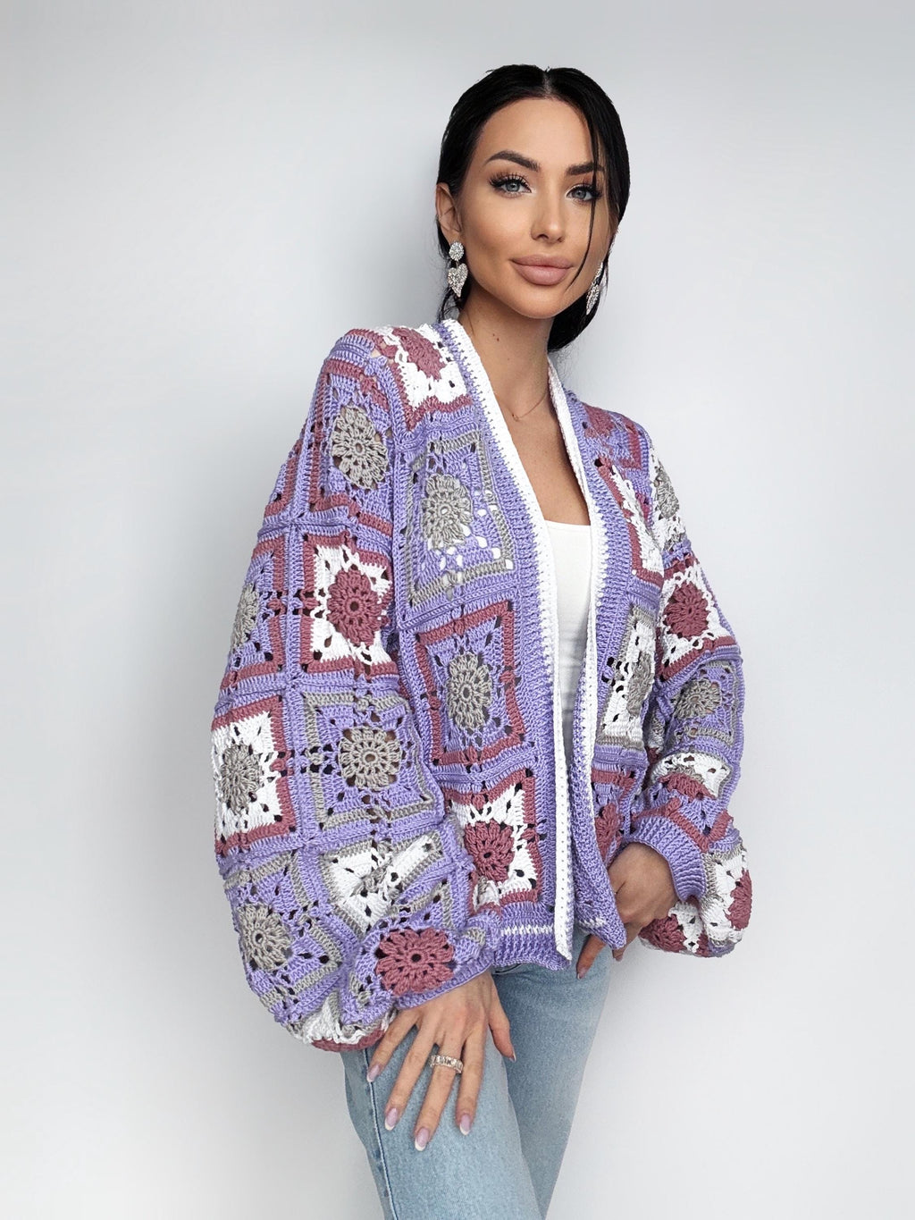 Crochet Lavender granny square Lilac White cardigan women Colourful cotton Patchwork cardigan coat women Jacket Boho Afghan Festival Coat