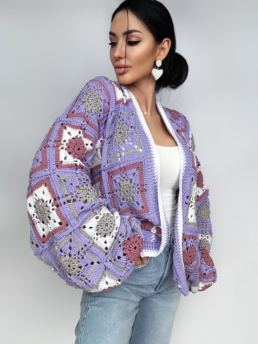 Crochet granny square Lilac Gray White cardigan Crochet colorful cardigan Patchwork cardigan coat women Jacket Boho Afghan Festival Coat