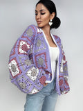 Crochet Lavender granny square Lilac White cardigan women Colourful cotton Patchwork cardigan coat women Jacket Boho Afghan Festival Coat