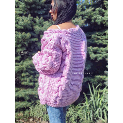 Cable hand knit lilac wool cardigan for women Knit coat women Chunky Pink cropped cardigan Cable knitted sweater