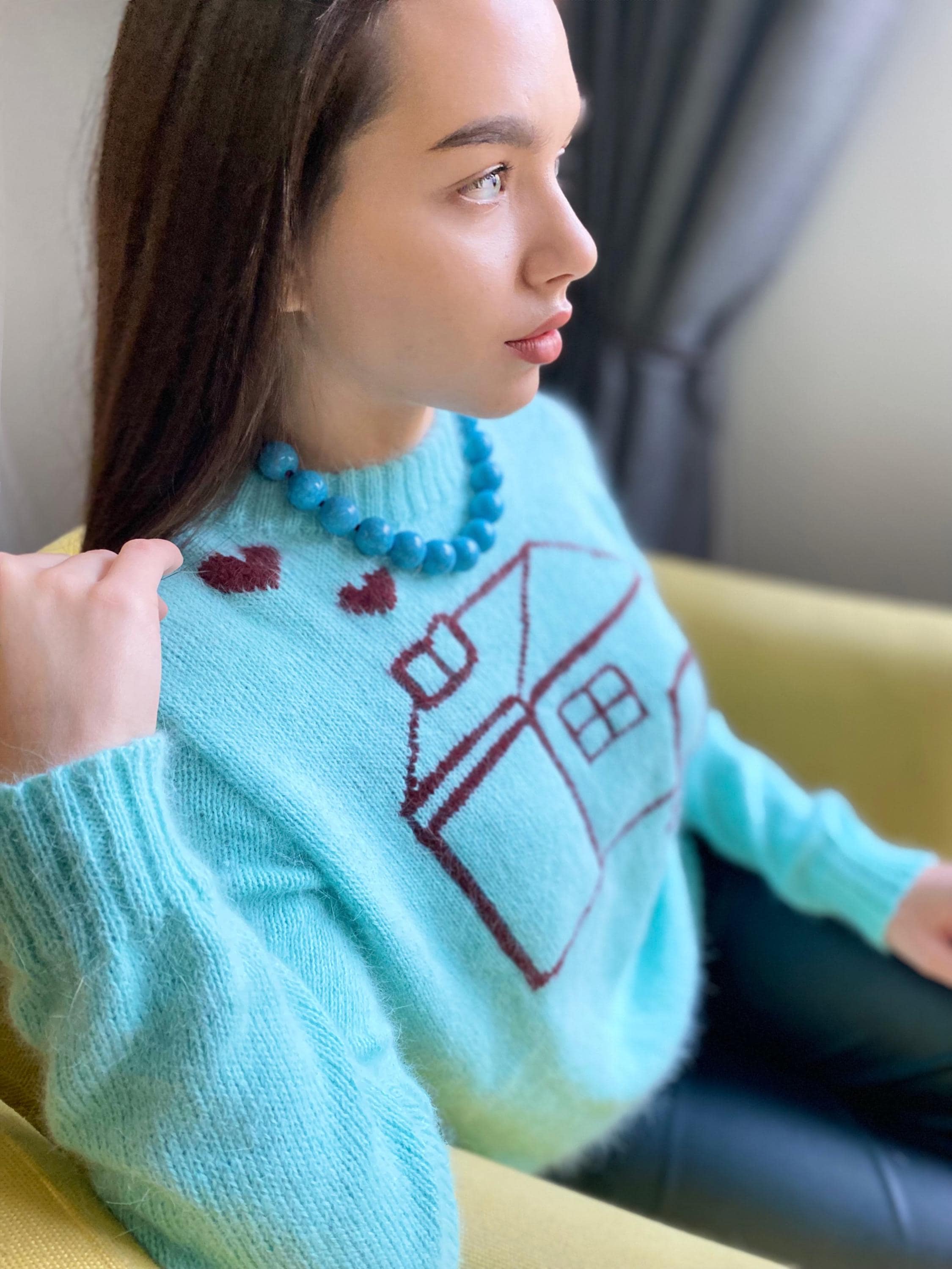 Premium angora soft wool hand knit brown blue green sweater Gender neutral pullover Fluffy sweater knitted house Unisex Sweater