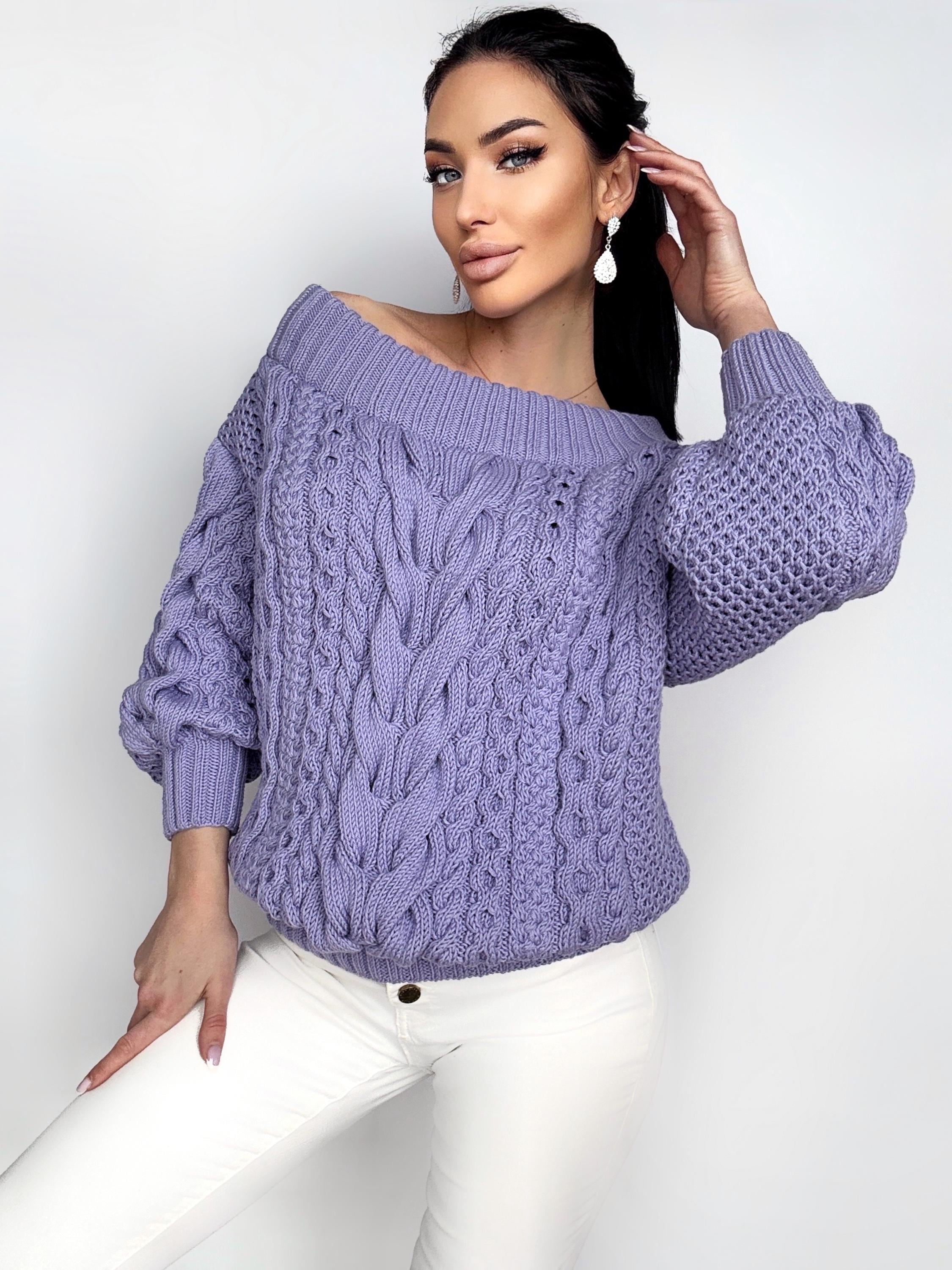 Hand knit cotton Lavender off shoulders sweater women Oversized pullover Cable knit chunky sweater puff sleeves Loose knit
