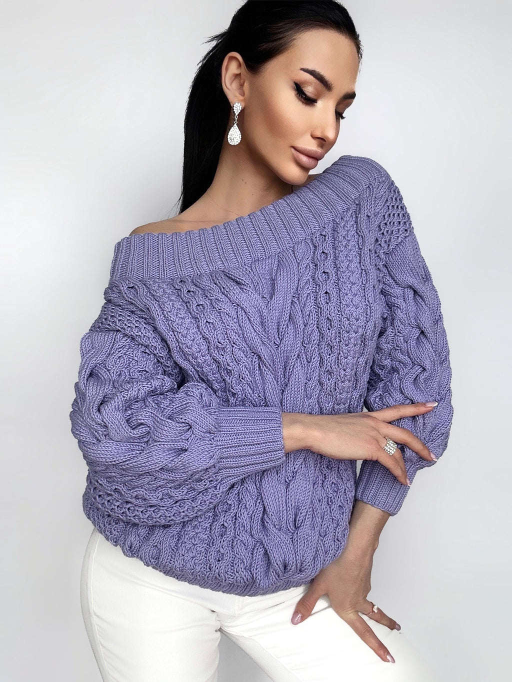 Chunky hand knit cotton Lavender off shoulders sweater women Oversized pullover Cable knit chunky sweater puff sleeves Loose knit