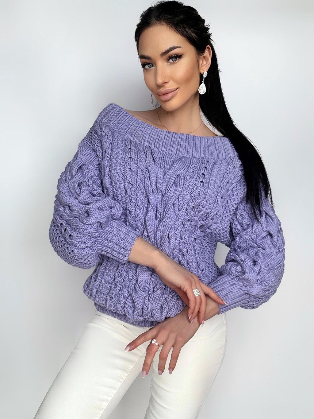 Lavender hand knit cotton sweater Violet knitted pullover Purple Oversized sweater Cable knit sweater Crochet chunky sweater Loose knit