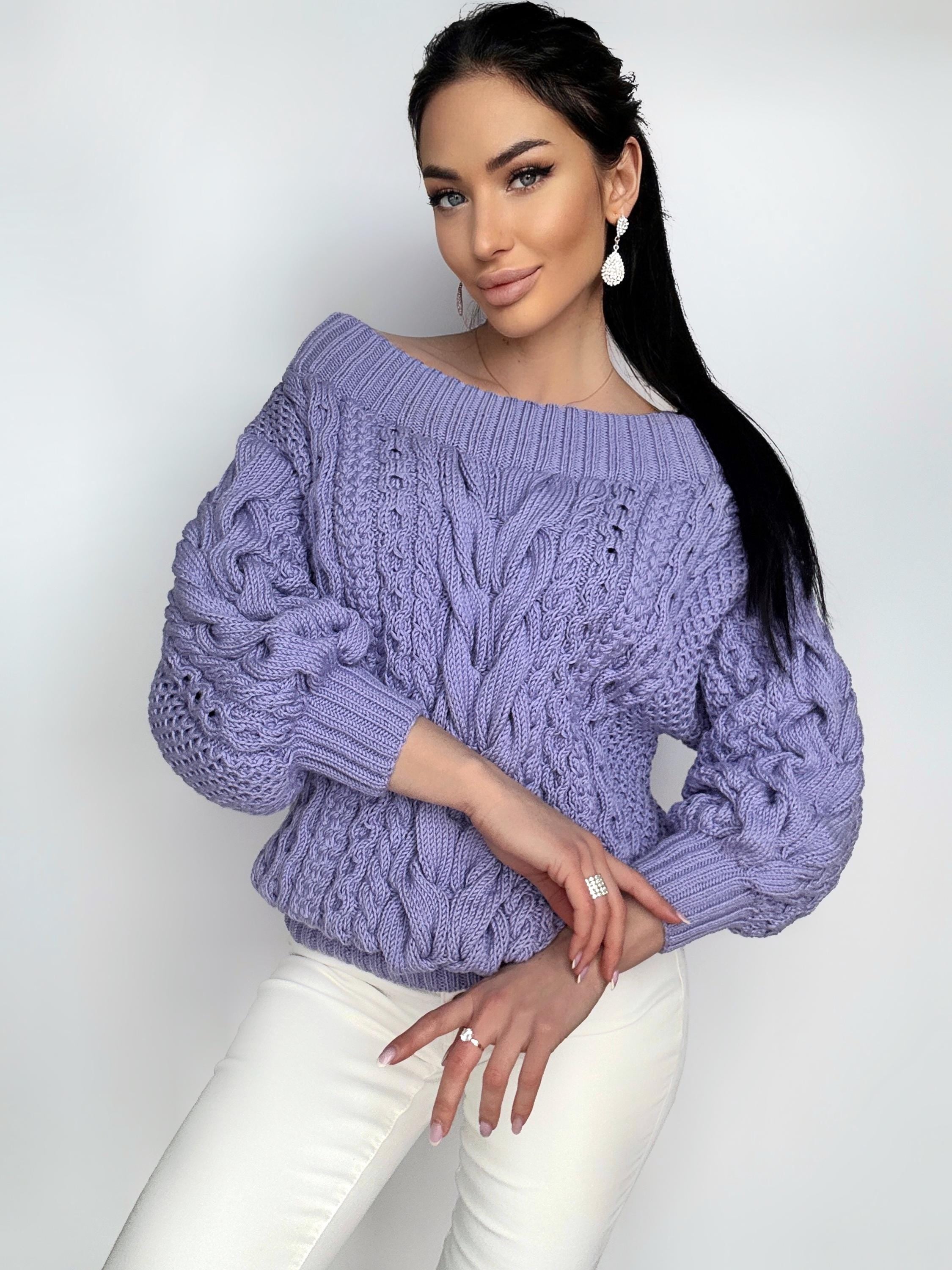 Lavender hand knit cotton sweater Violet knitted pullover Purple Oversized sweater Cable knit sweater Crochet chunky sweater Loose knit