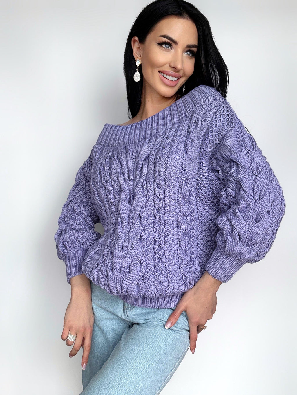 Lavender hand knit cotton sweater Violet knitted pullover Purple Oversized sweater Cable knit sweater Crochet chunky sweater Loose knit