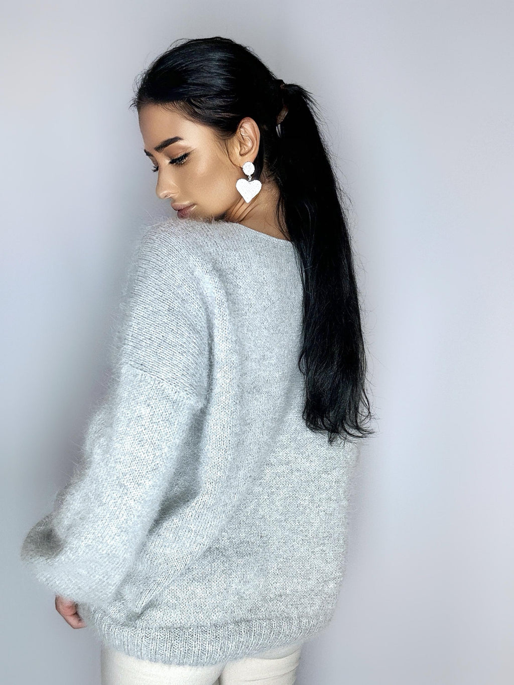 White Gray melange angora wool knit sweater dress Knit fluffy angora pullover Round collar Loose fit oversized Long sleeve Cozy sweater