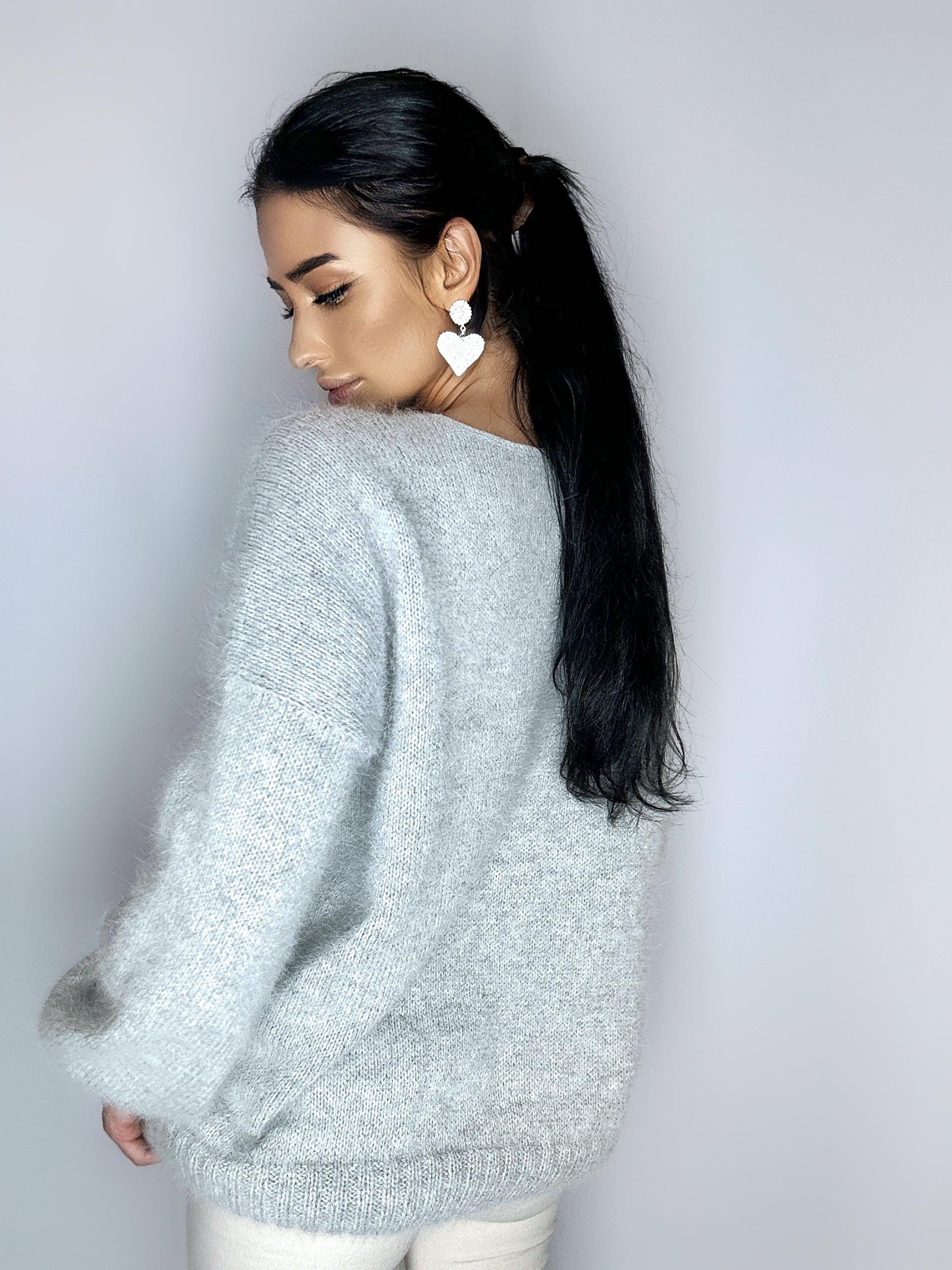 White Gray melange angora wool knit sweater dress Knit fluffy angora pullover Round collar Loose fit oversized Long sleeve Cozy sweater
