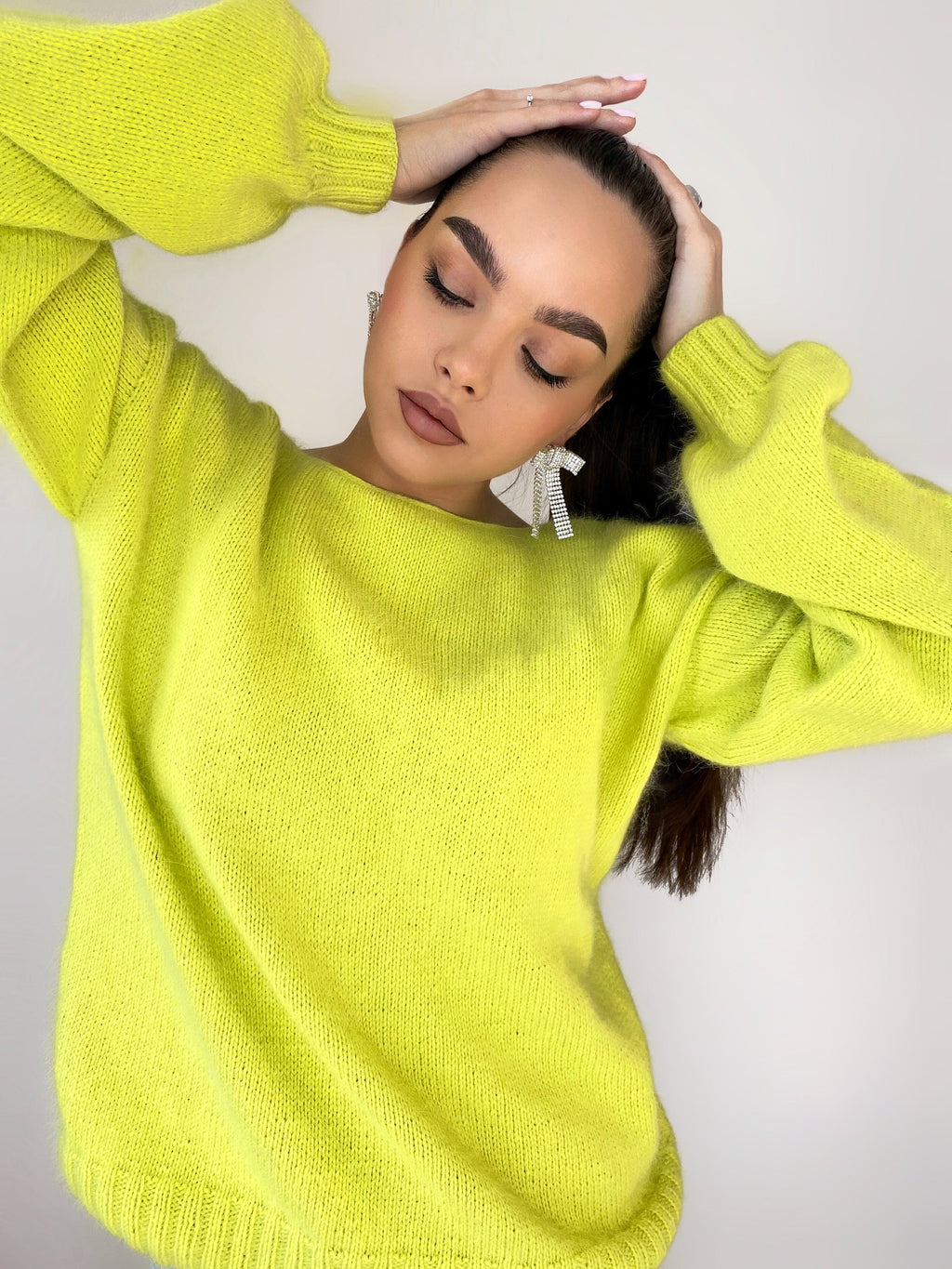 Lemon yellow angora sweater Open back Deep neckline Knit fluffy angora pullover Loose fit oversized V-neck Fluffy Top long sleevs Cozy gift