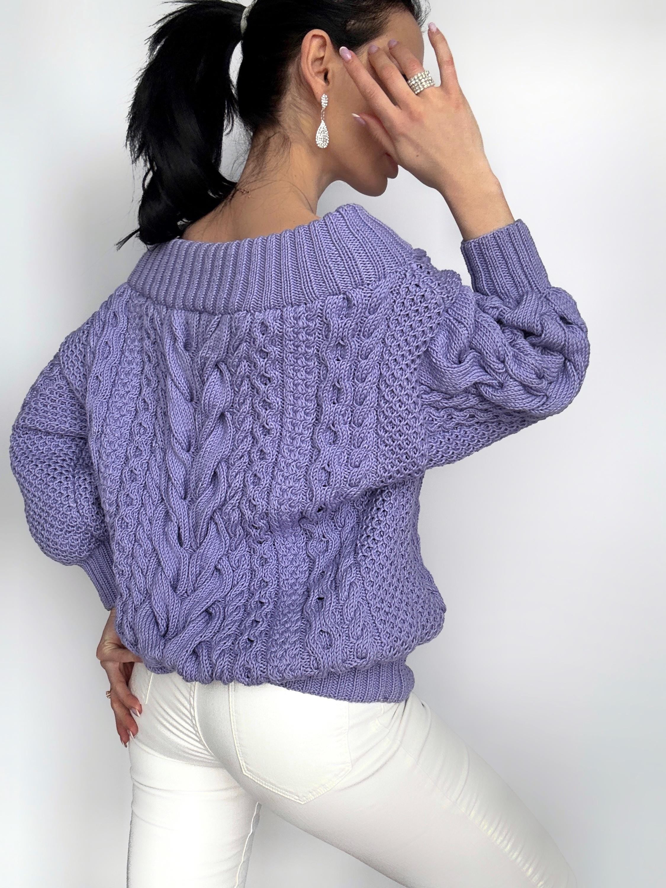 Chunky hand knit cotton Lavender off shoulders sweater women Oversized pullover Cable knit chunky sweater puff sleeves Loose knit