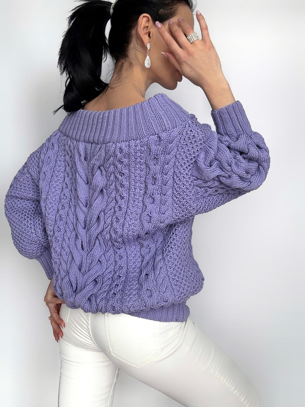 Hand knit cotton Lavender off shoulders sweater women Oversized pullover Cable knit chunky sweater puff sleeves Loose knit