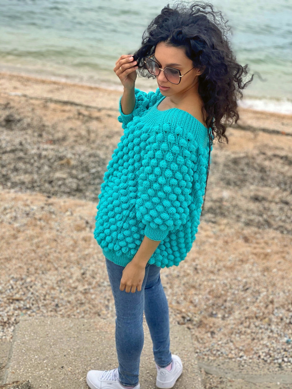 Hand knit sweater dress women Turquoise big sweater women Off shoulder balloons pullover Cable knit oversize sweater Chunky knit sweater