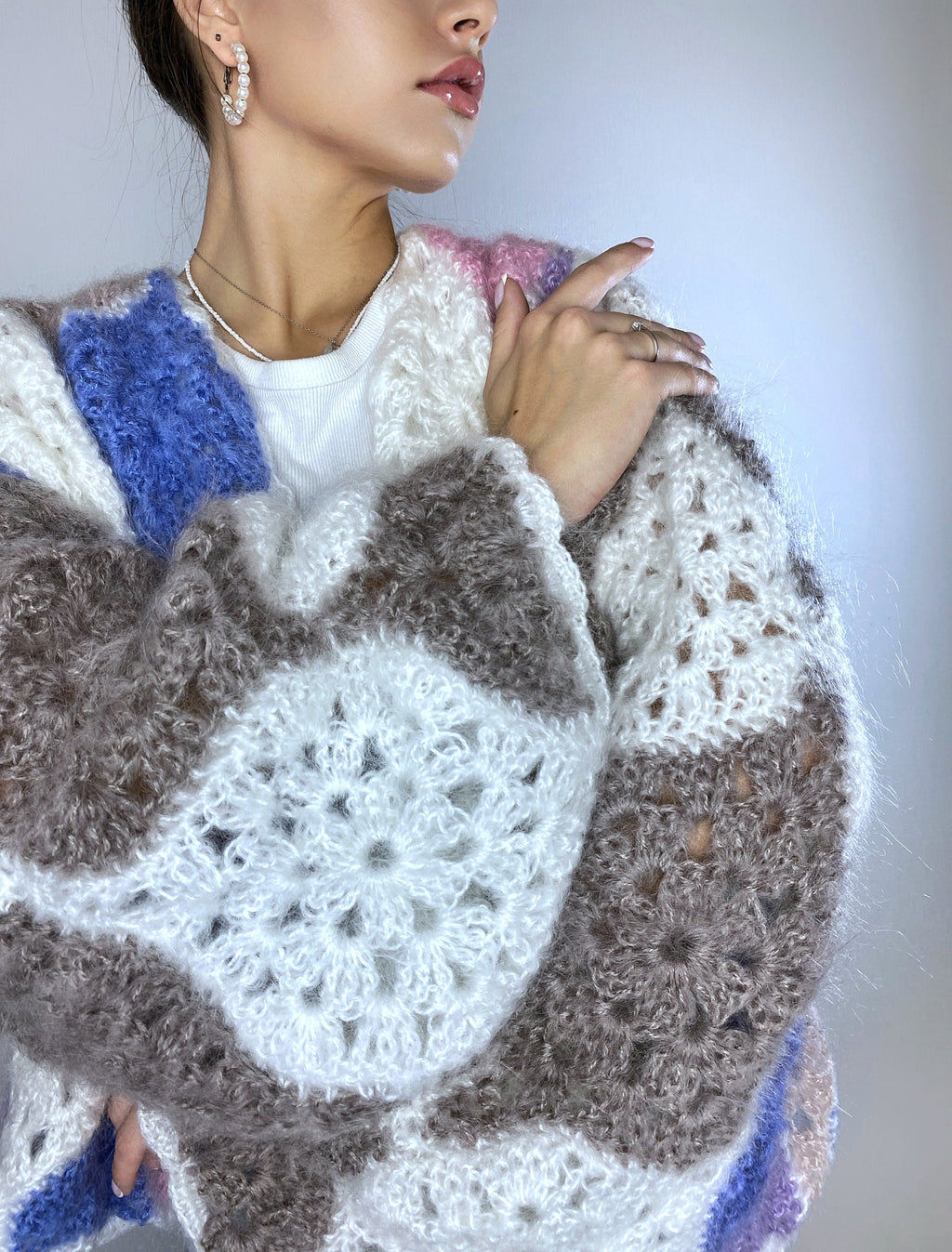 Mohair fluffy crochet cardigan for women patchwork Balloon sleeves Mohair knit sweater Multicolor knitted coat Jacket Women cardigan boler