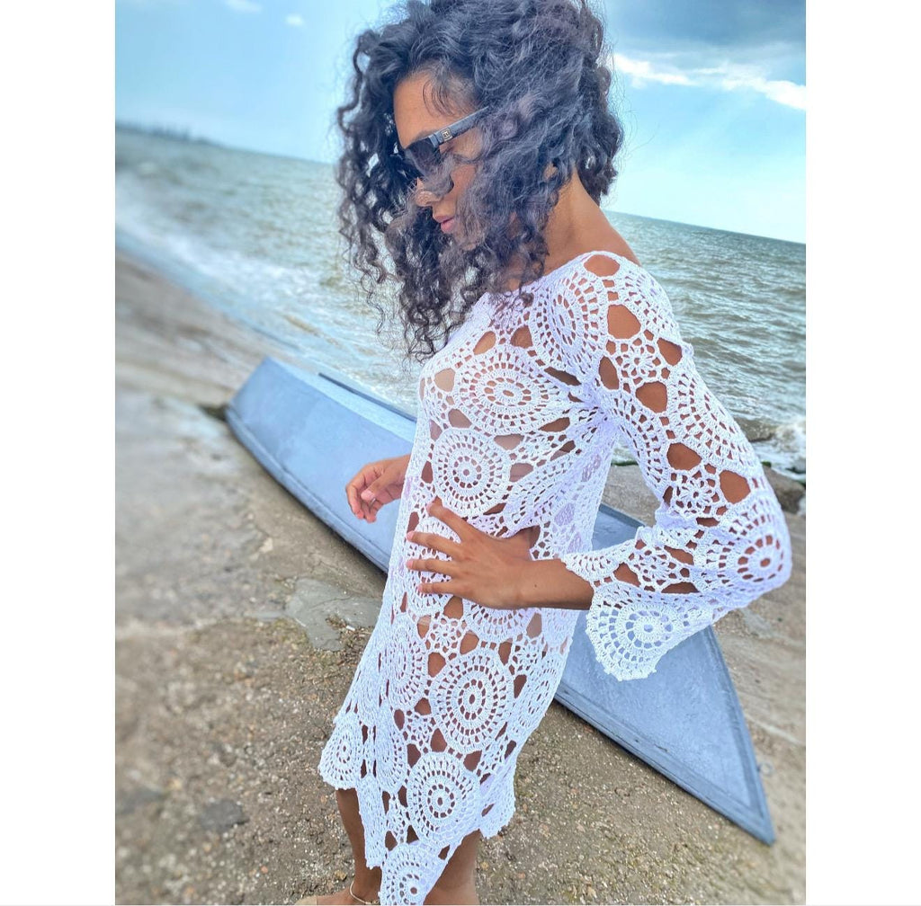 Crochet lace blue beach dress cover ups Beach tunic Organic cotton crochet tunic dress for beach vintage Beachwear Lace crochet сape