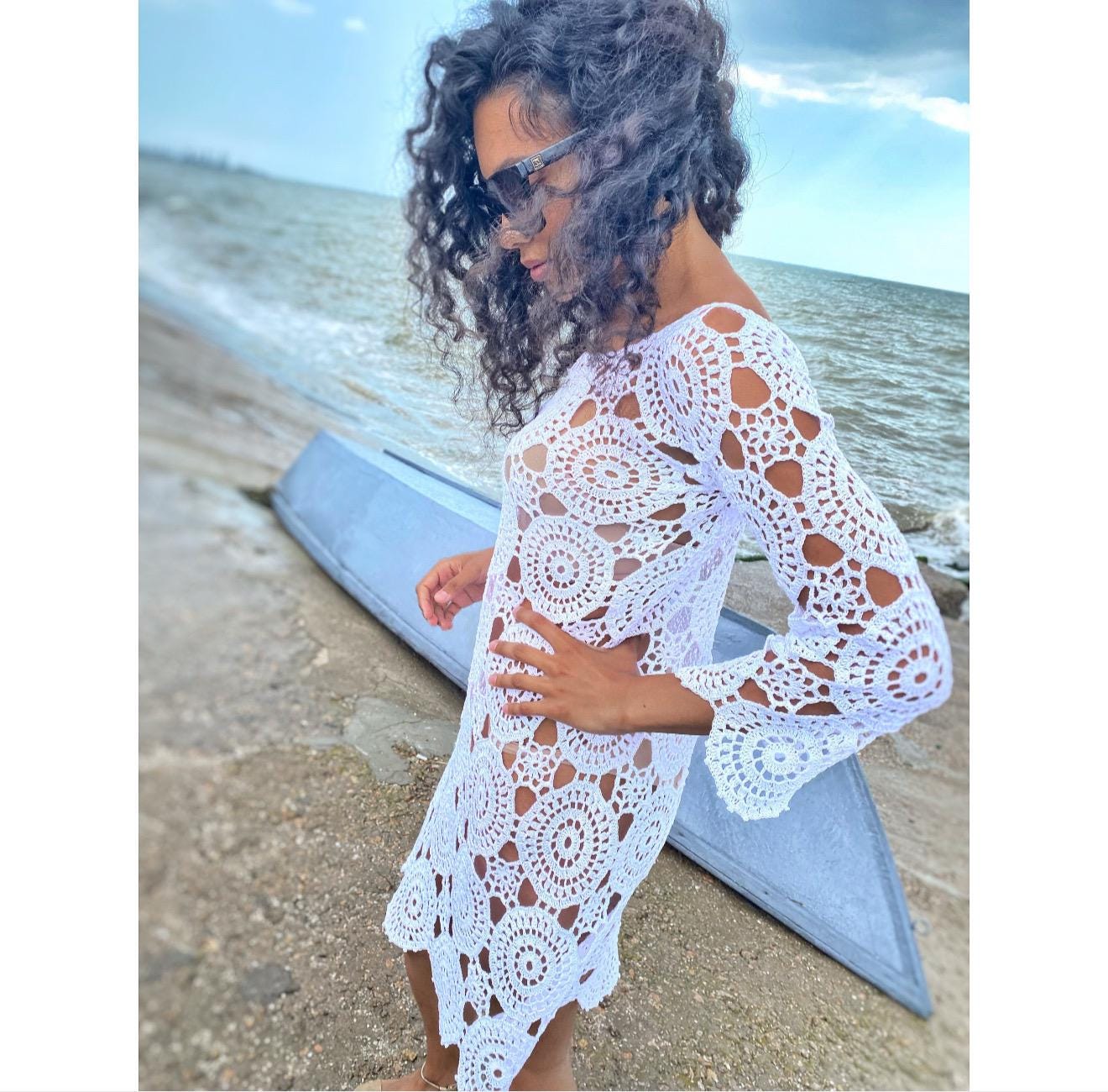 Crochet lace blue beach dress cover ups Beach tunic Organic cotton crochet tunic dress for beach vintage Beachwear Lace crochet сape