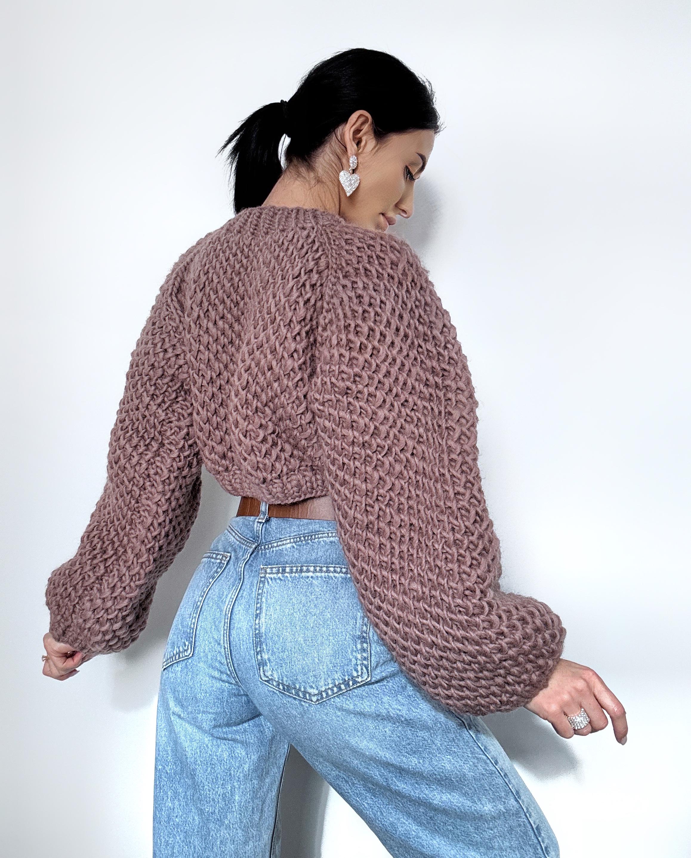 Crop chunky hand knit alpaca wool Brown Terracotta soft sweater Hand knit oversize Pastel pullover Cable knit cropped sweater top jumper