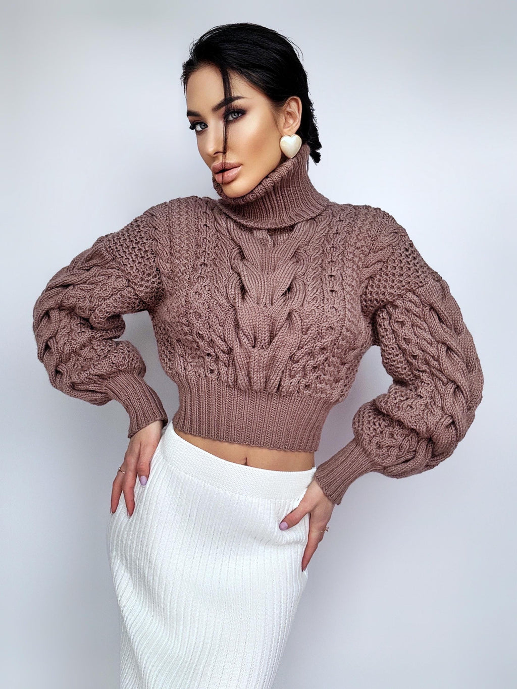 Crop merino wool cable knit Chocolate light brown puff sleeves sweater high collar Chunky knit soft oversize turtleneck Pullover Womens