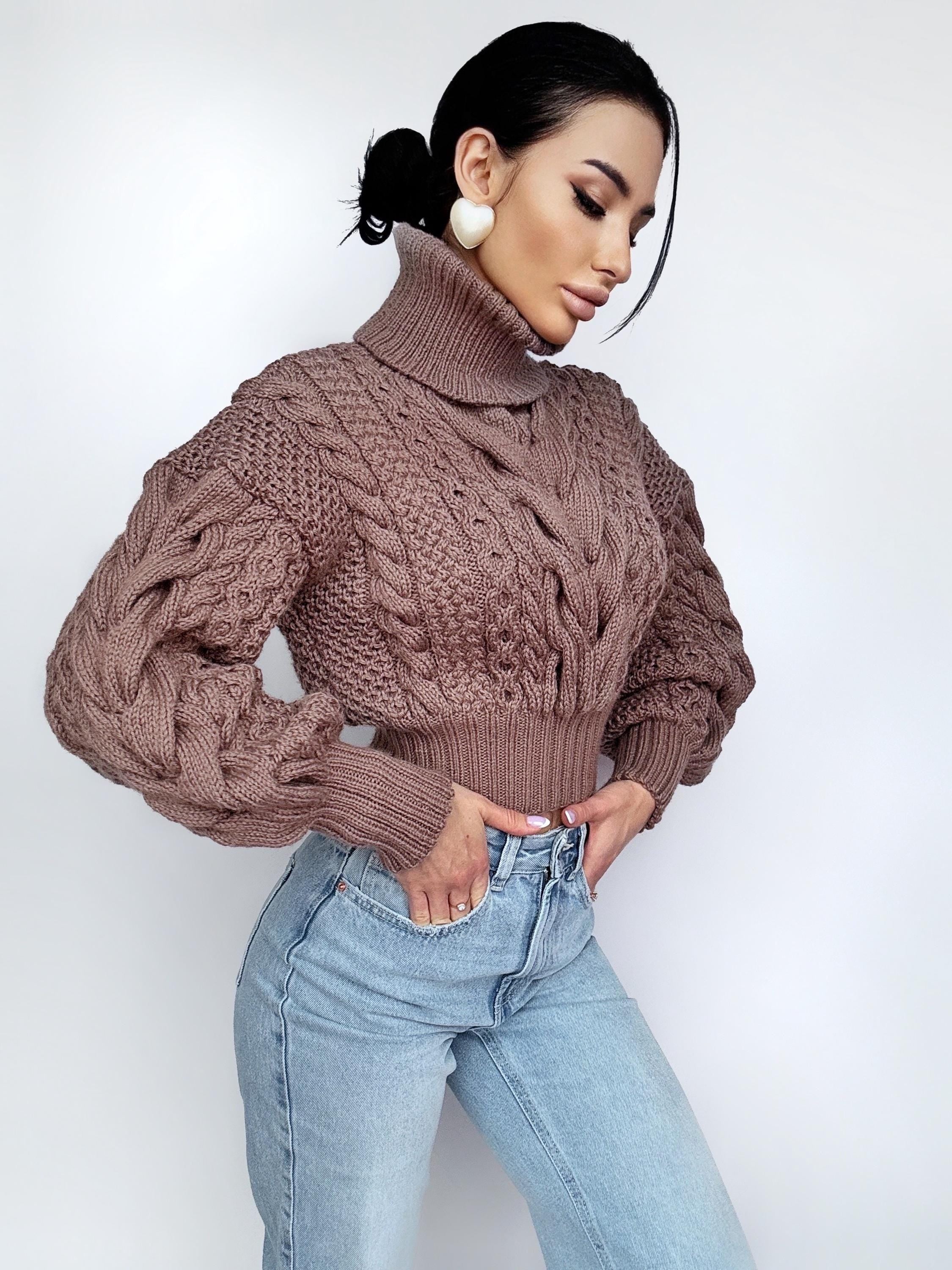 Crop merino wool cable knit Chocolate light brown puff sleeves sweater high collar Chunky knit soft oversize turtleneck Pullover Womens