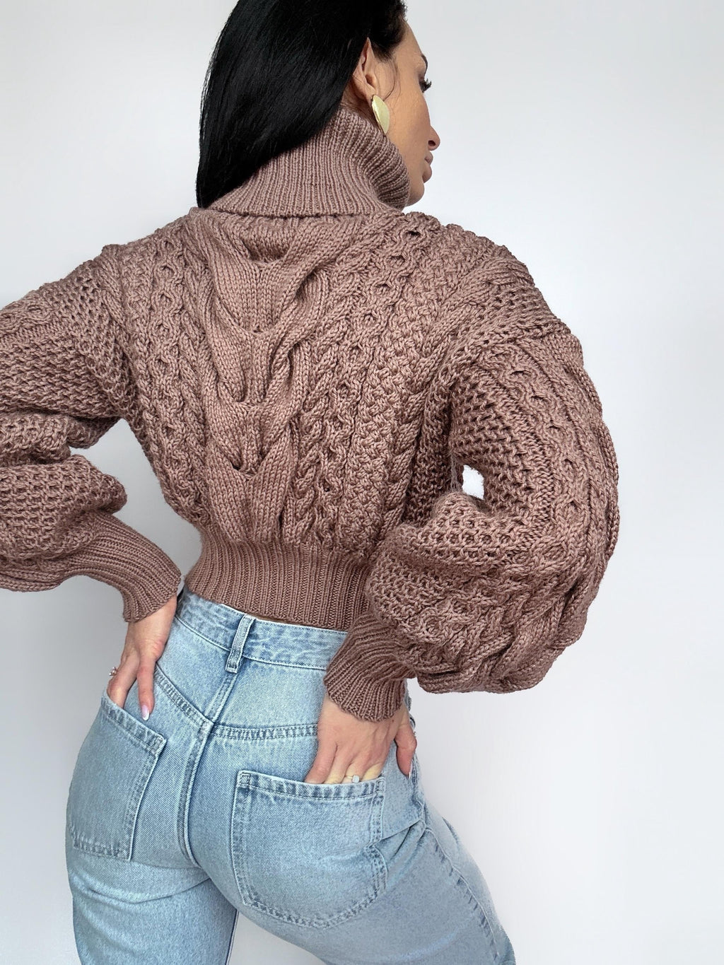 Crop merino wool cable knit Chocolate light brown puff sleeves sweater high collar Chunky knit soft oversize turtleneck Pullover Womens