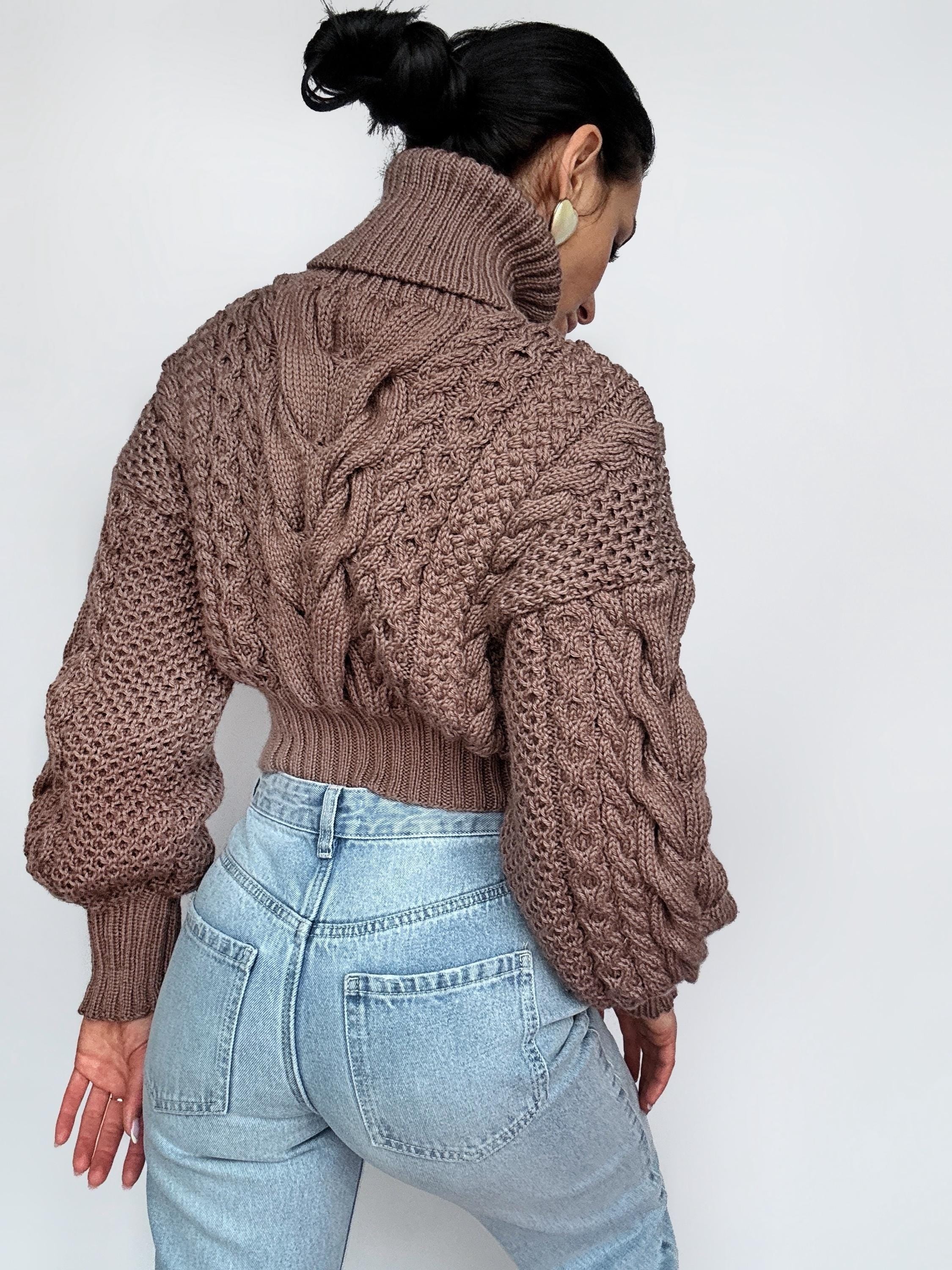 Crop merino wool cable knit Chocolate light brown puff sleeves sweater high collar Chunky knit soft oversize turtleneck Pullover Womens