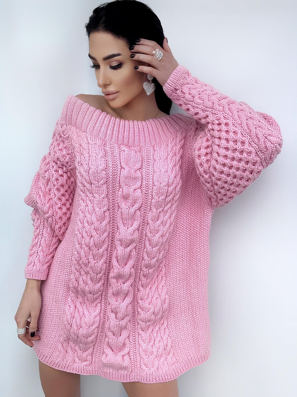 Aran long pink wool hand knit sweater dress open shoulders womens Knitted one shoulder dress Cable knit puff sleeves off shoulder sweater