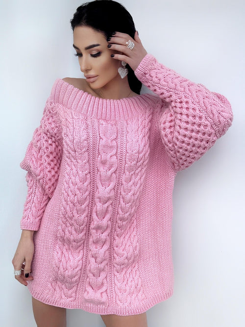 Aran long pink wool hand knit sweater dress open shoulders womens Knitted one shoulder dress Cable knit puff sleeves off shoulder sweater