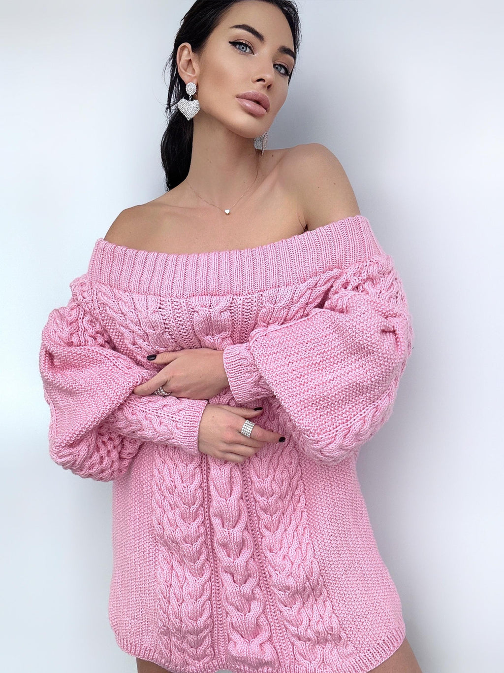 Aran long pink wool hand knit sweater dress open shoulders womens Knitted one shoulder dress Cable knit puff sleeves off shoulder sweater