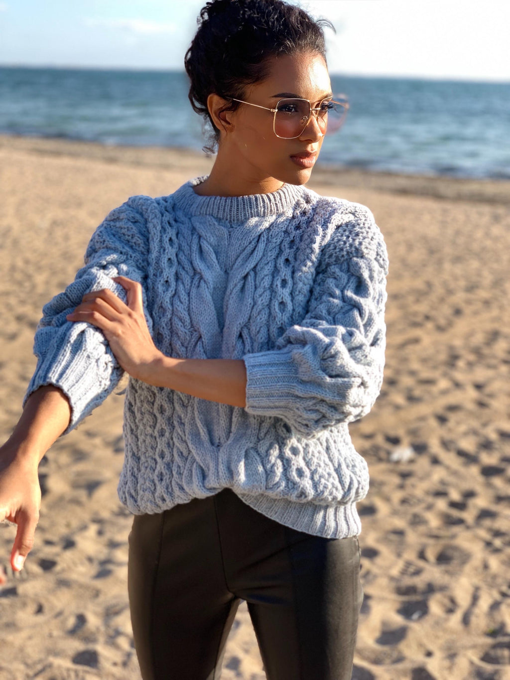 Blue knit merino wool sweater women Hand knit jumper Cable knitting Loose knit Oversized Chunky knit light blue pullover gift for her
