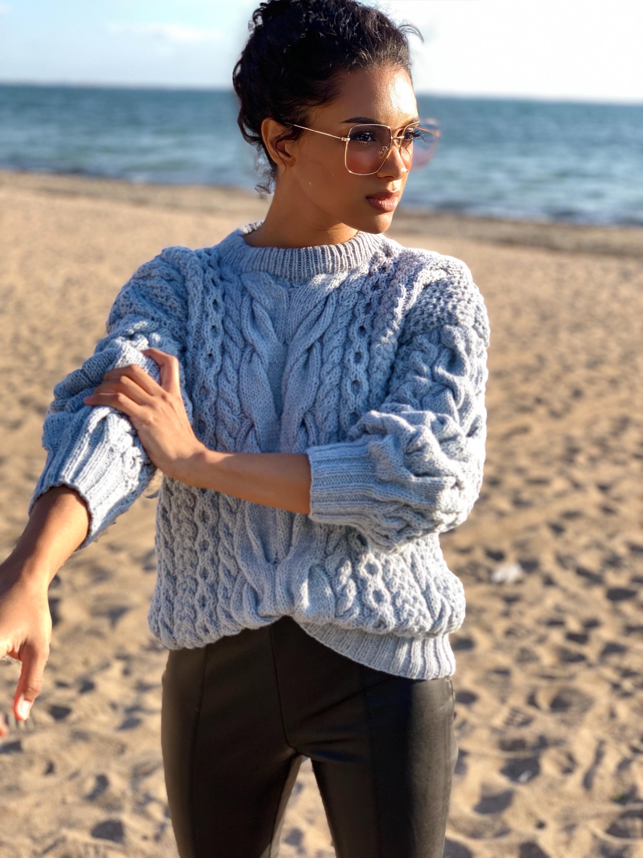 Blue knit merino wool sweater women Hand knit jumper Cable knitting Loose knit Oversized Chunky knit light blue pullover gift for her