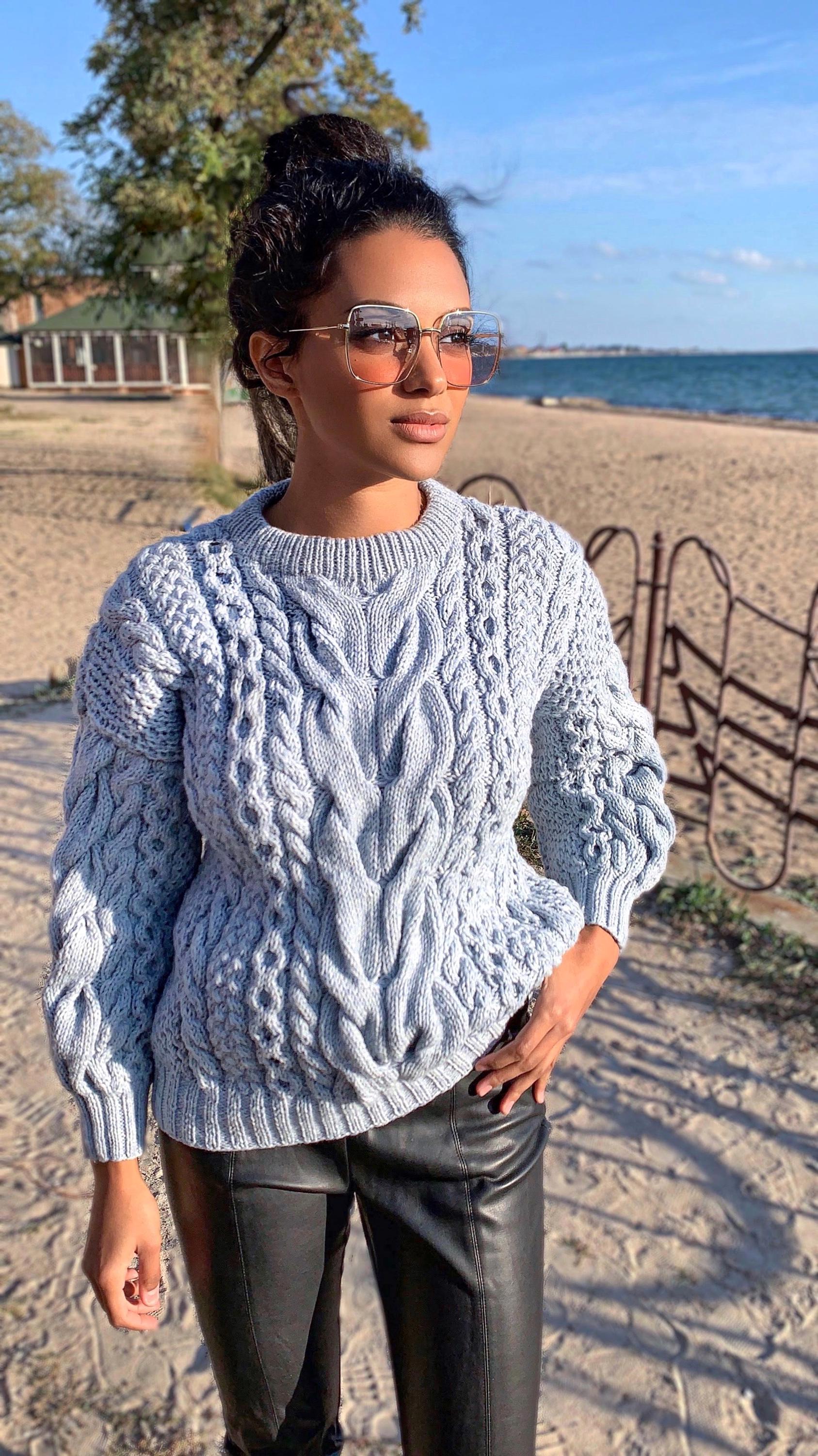 Blue knit merino wool sweater women Hand knit jumper Cable knitting Loose knit Oversized Chunky knit light blue pullover gift for her