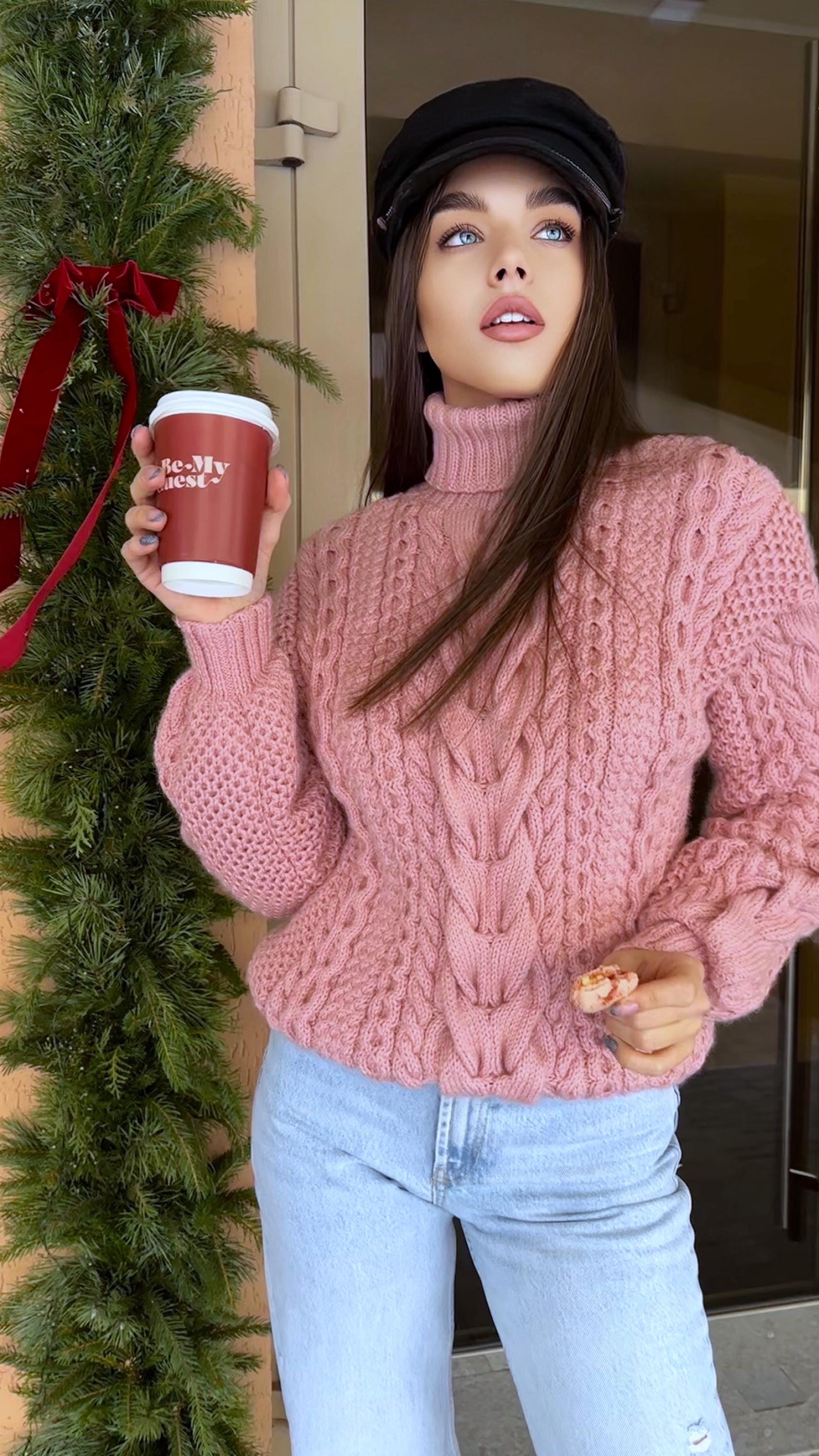 Hand knit pink chunky turtleneck high throat sweater Oversize cozy wool sweater Women cable knit sweater Pink Many colors pullover