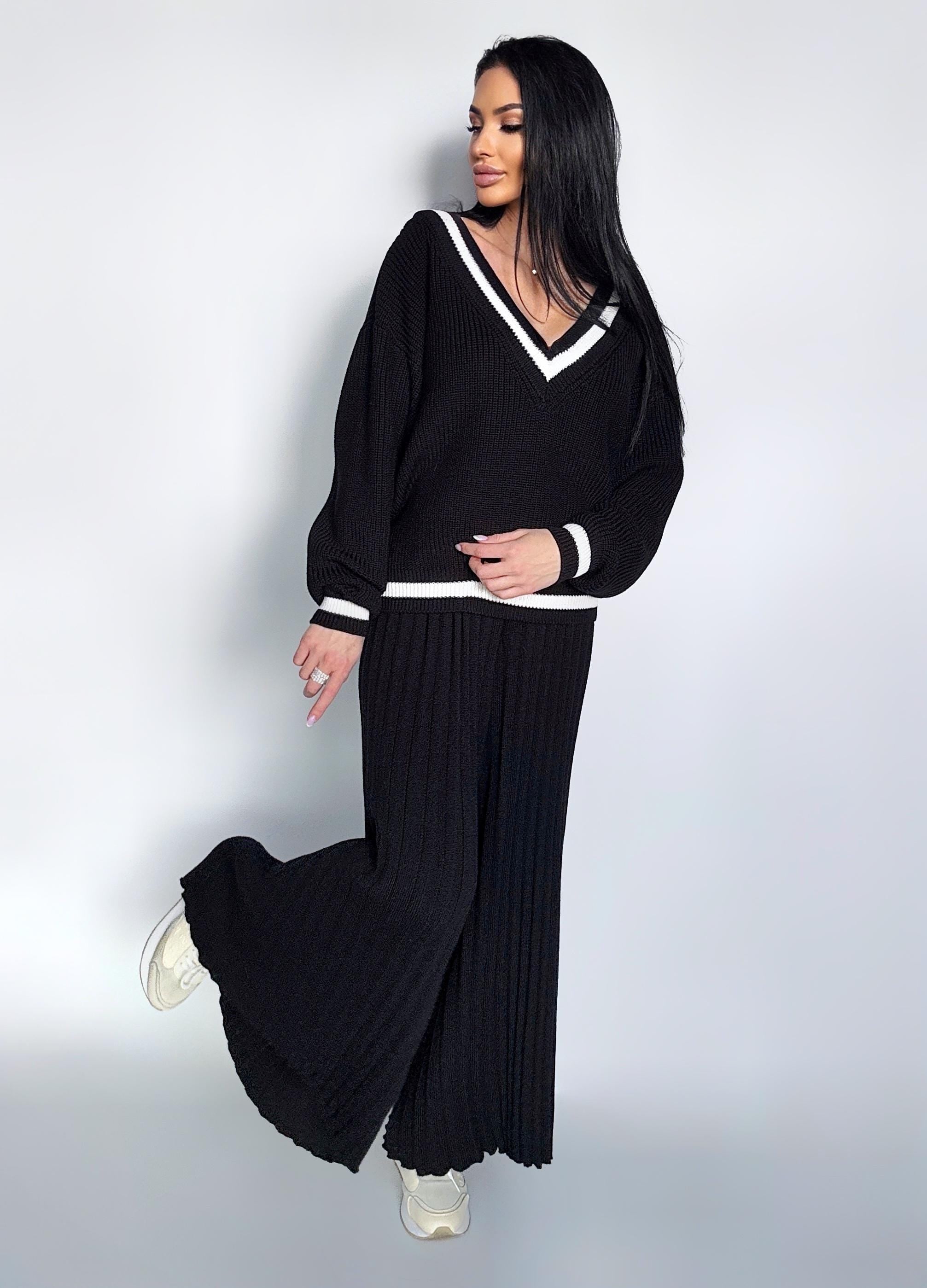 Knitted two piece set for women Black merino knit pantsuit Knit v-neck sweater pleated pants Fall sweater and pants suit Sweater costume