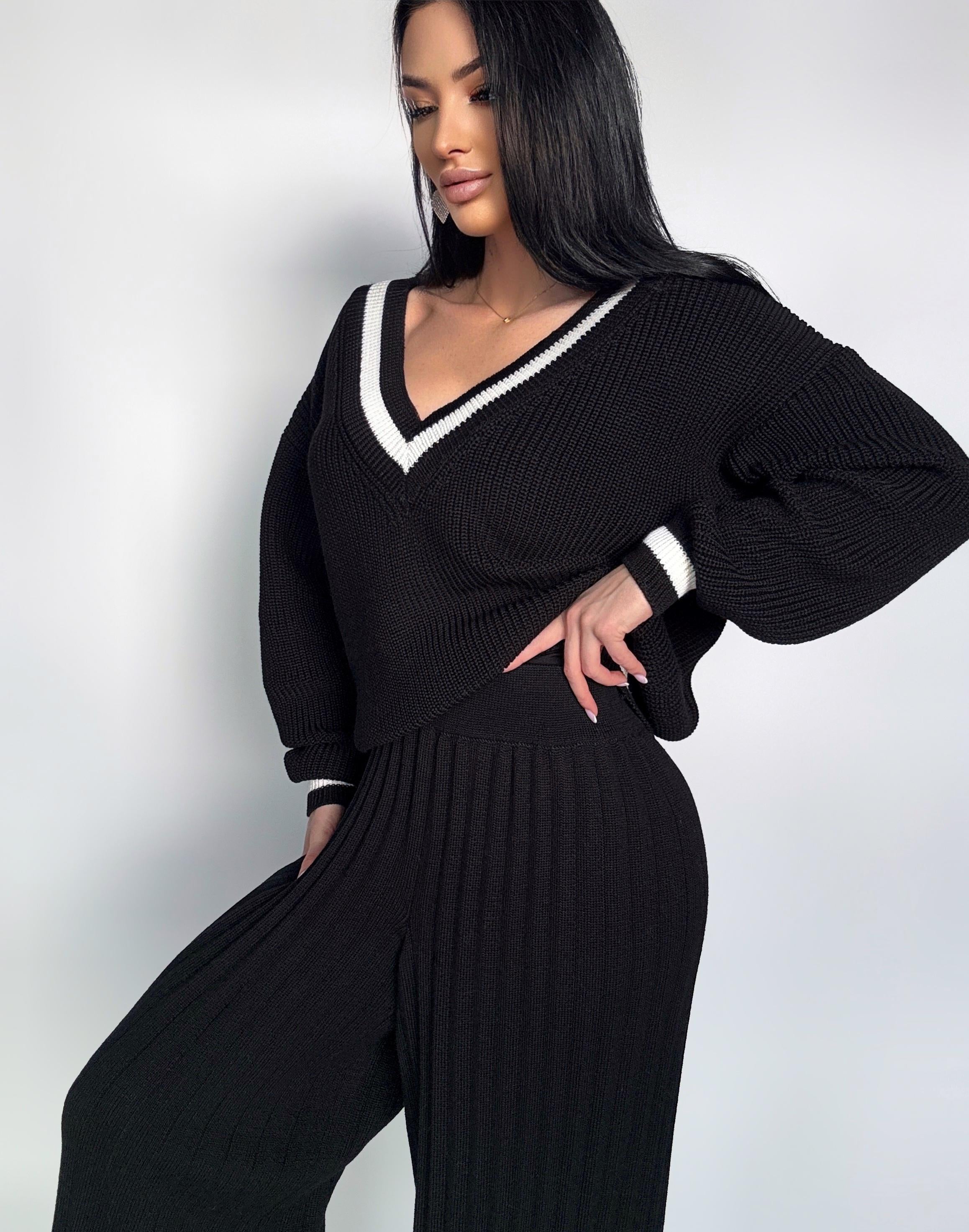 Knitted two piece set for women Black merino knit pantsuit Knit v-neck sweater pleated pants Fall sweater and pants suit Sweater costume