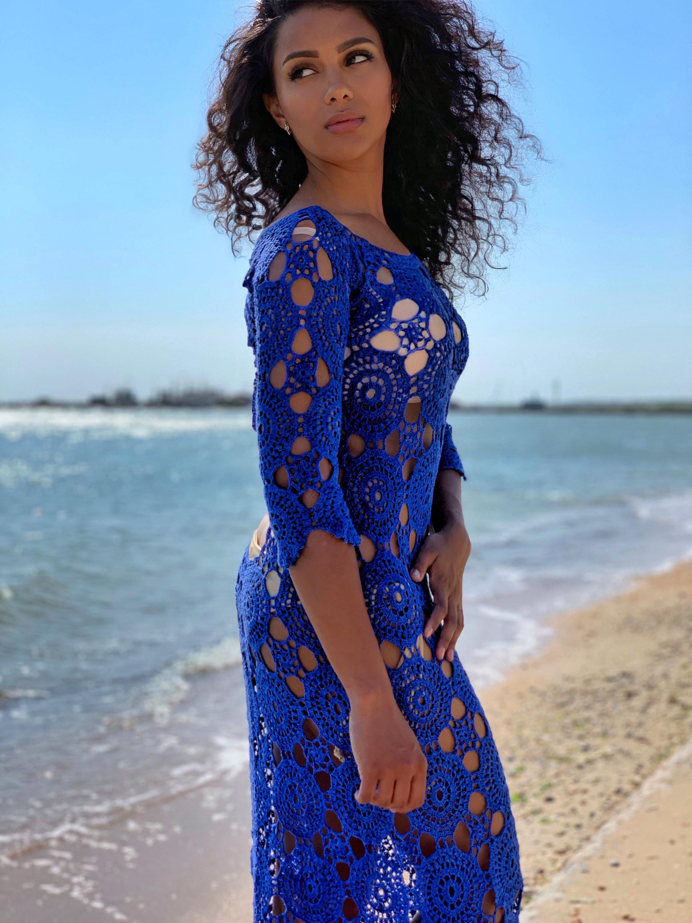 Beach crochet blue maxi dress for beach wedding Blue White Wedding dress beach boho maxi dress Cover up Womens beach cover up