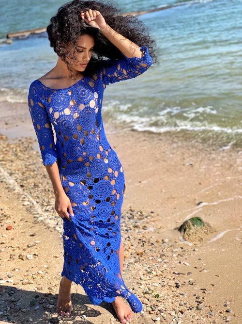 Beach crochet blue maxi dress for beach wedding Blue White Wedding dress beach boho maxi dress Cover up Womens beach cover up