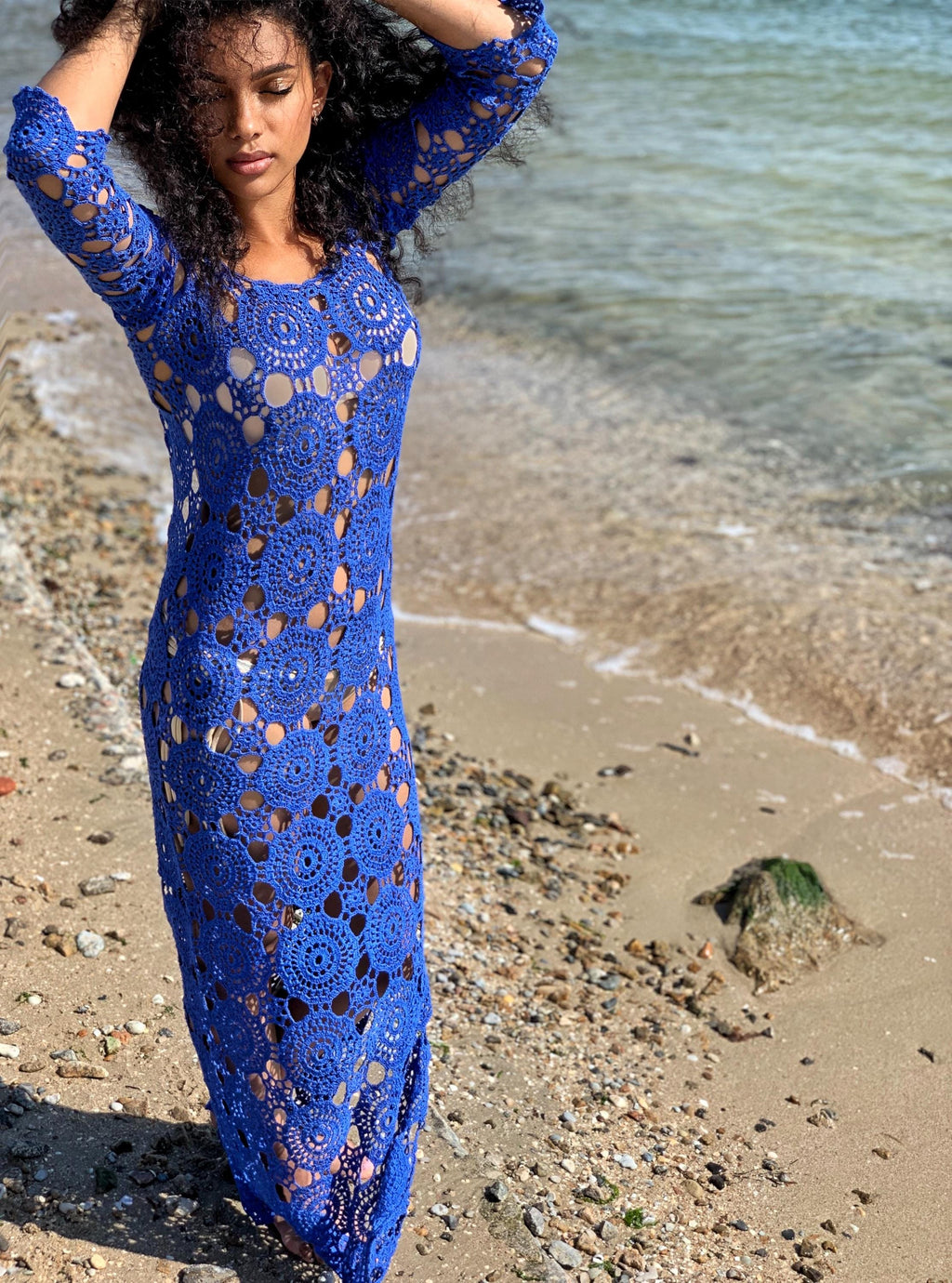 Beach crochet blue maxi dress for beach wedding Blue White Wedding dress beach boho maxi dress Cover up Womens beach cover up